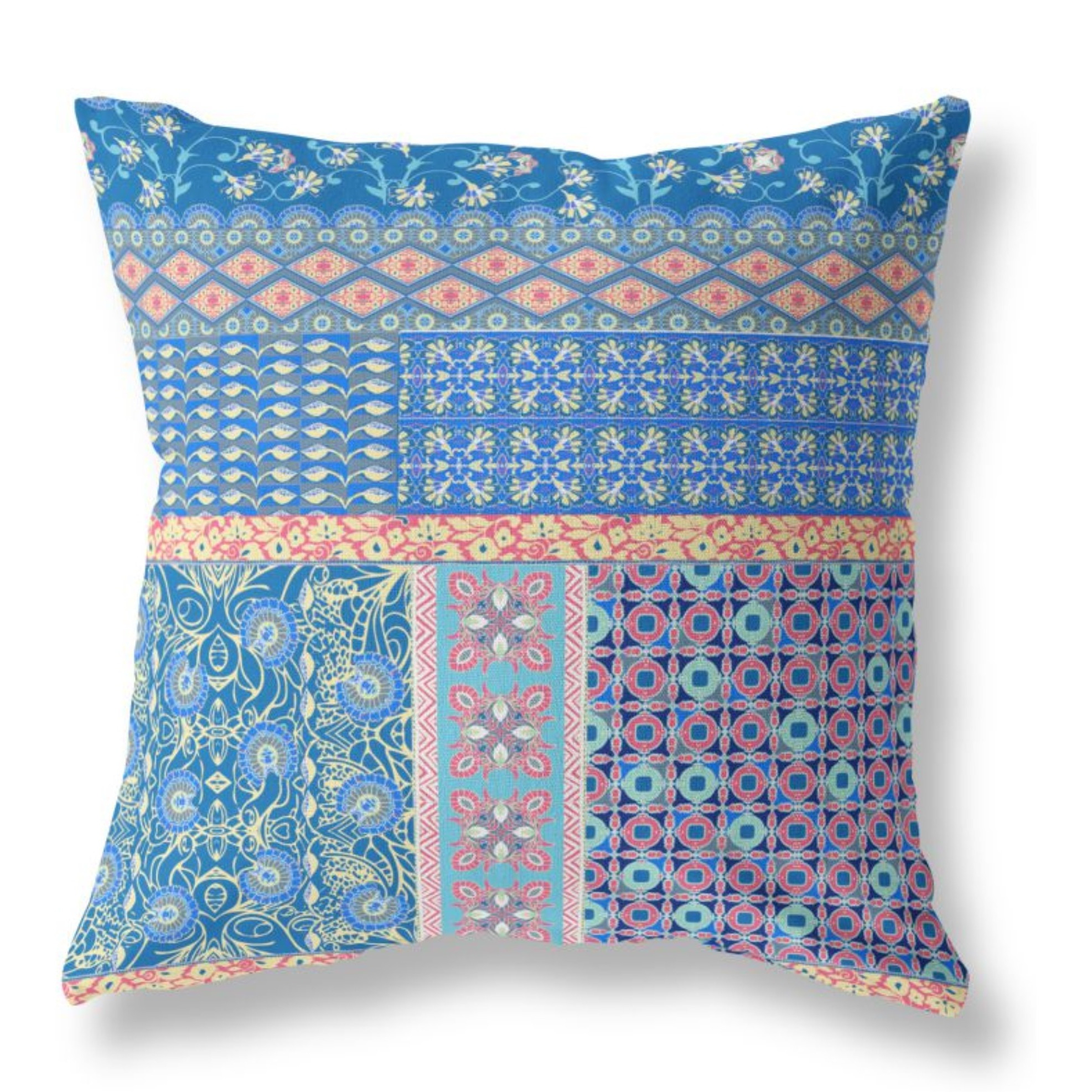 Flower Castle Patchwork Broadcloth Indoor Outdoor Pillow, Zippered, BlueYellow