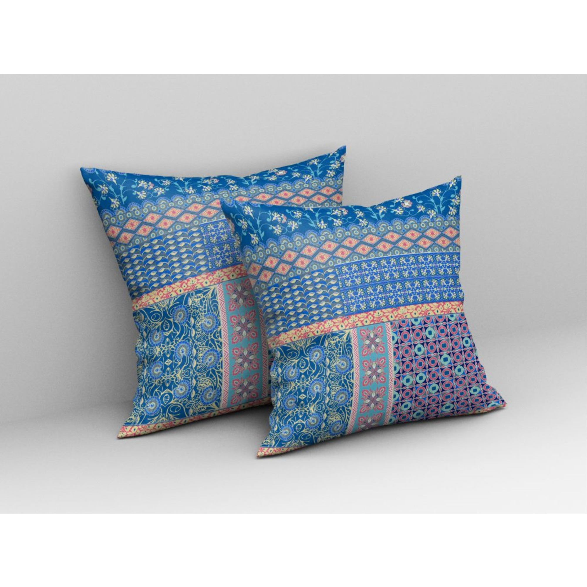 Flower Castle Patchwork Broadcloth Indoor Outdoor Pillow, Zippered, BlueYellow