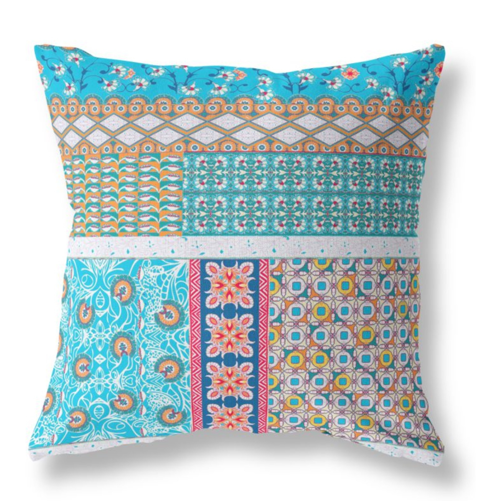 Flower Castle Patchwork Broadcloth Indoor Outdoor Pillow, Zippered, TurqWhite