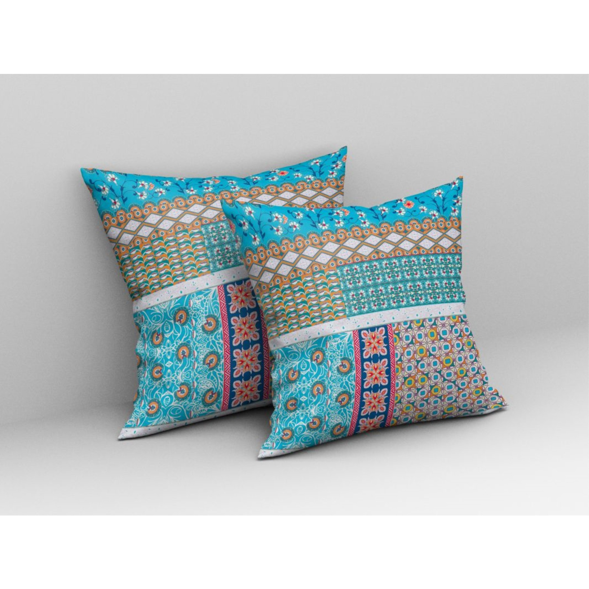 Flower Castle Patchwork Broadcloth Indoor Outdoor Pillow, Zippered, TurqWhite