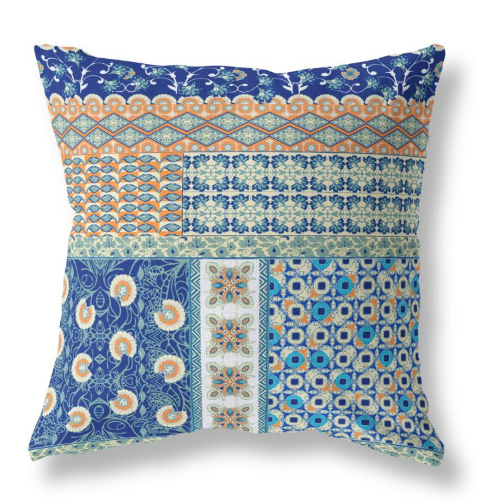Flower Castle Patchwork Broadcloth Indoor Outdoor Pillow, Zippered, NavyBlueOrange