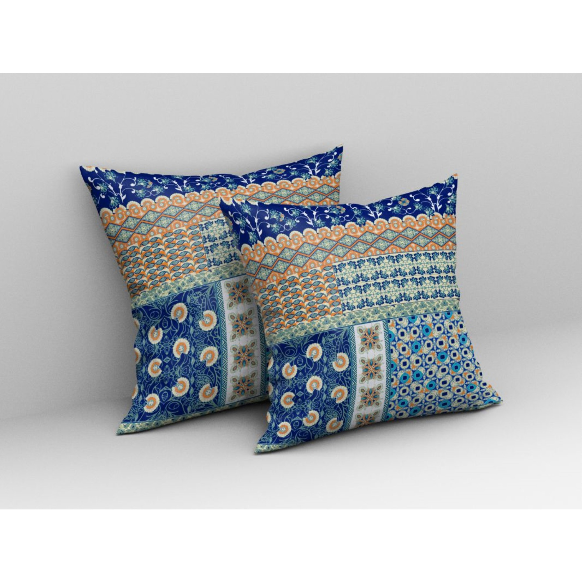 Flower Castle Patchwork Broadcloth Indoor Outdoor Pillow, Zippered, NavyBlueOrange