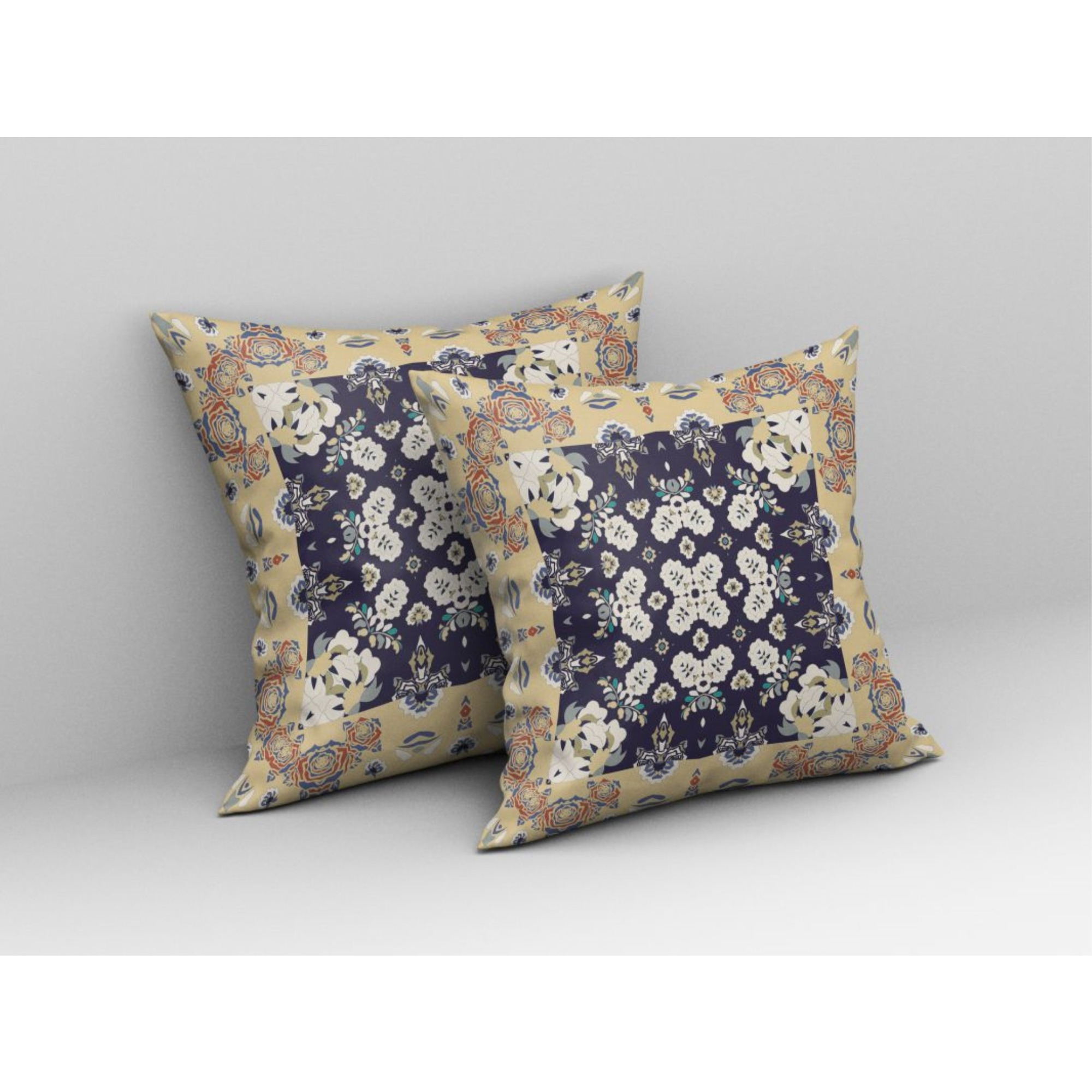 Rose Box Broadcloth Indoor Outdoor Pillow, Zippered, YellowNavyBlue