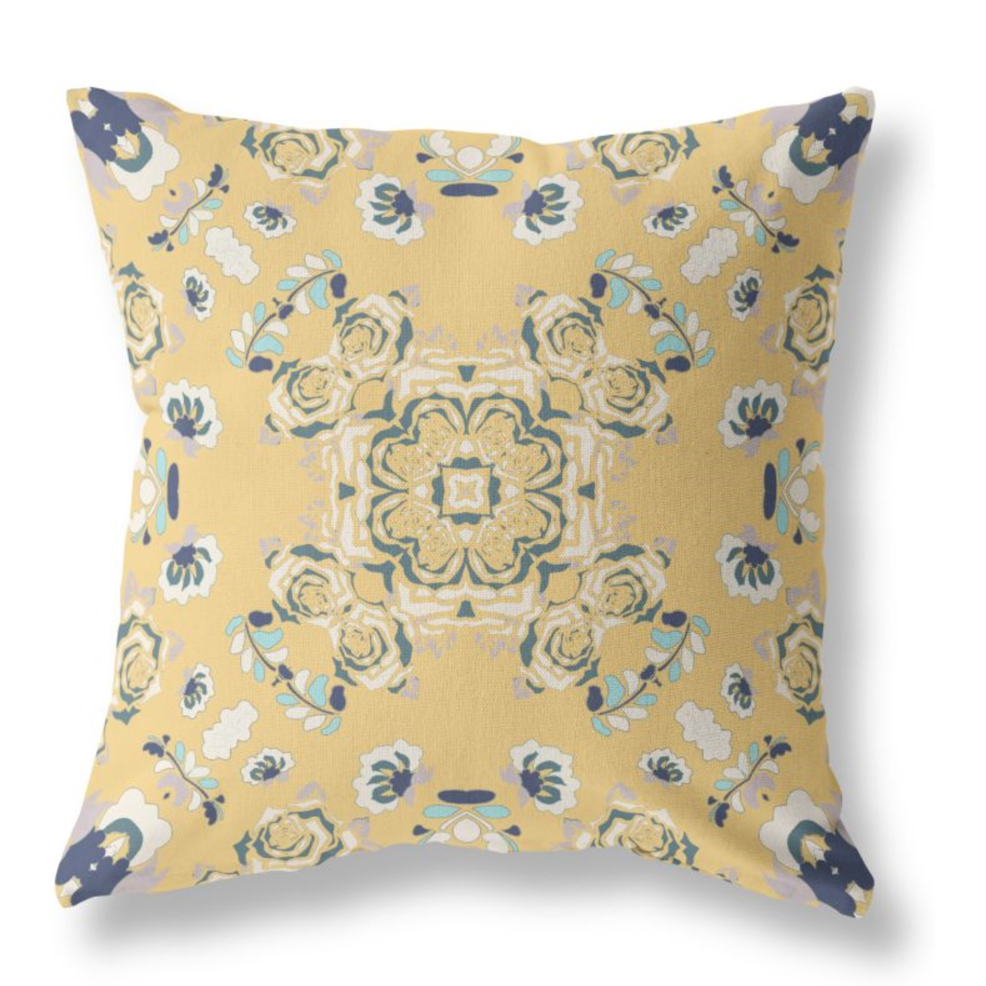 Rose Wreath Broadcloth Indoor Outdoor Pillow, Zippered, YellowBlue