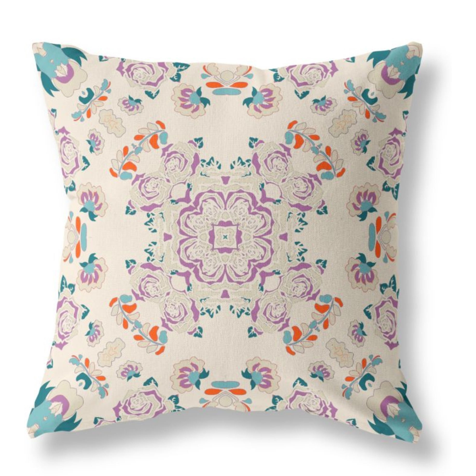 Rose Wreath Broadcloth Indoor Outdoor Pillow, Zippered, OffWhitePurple