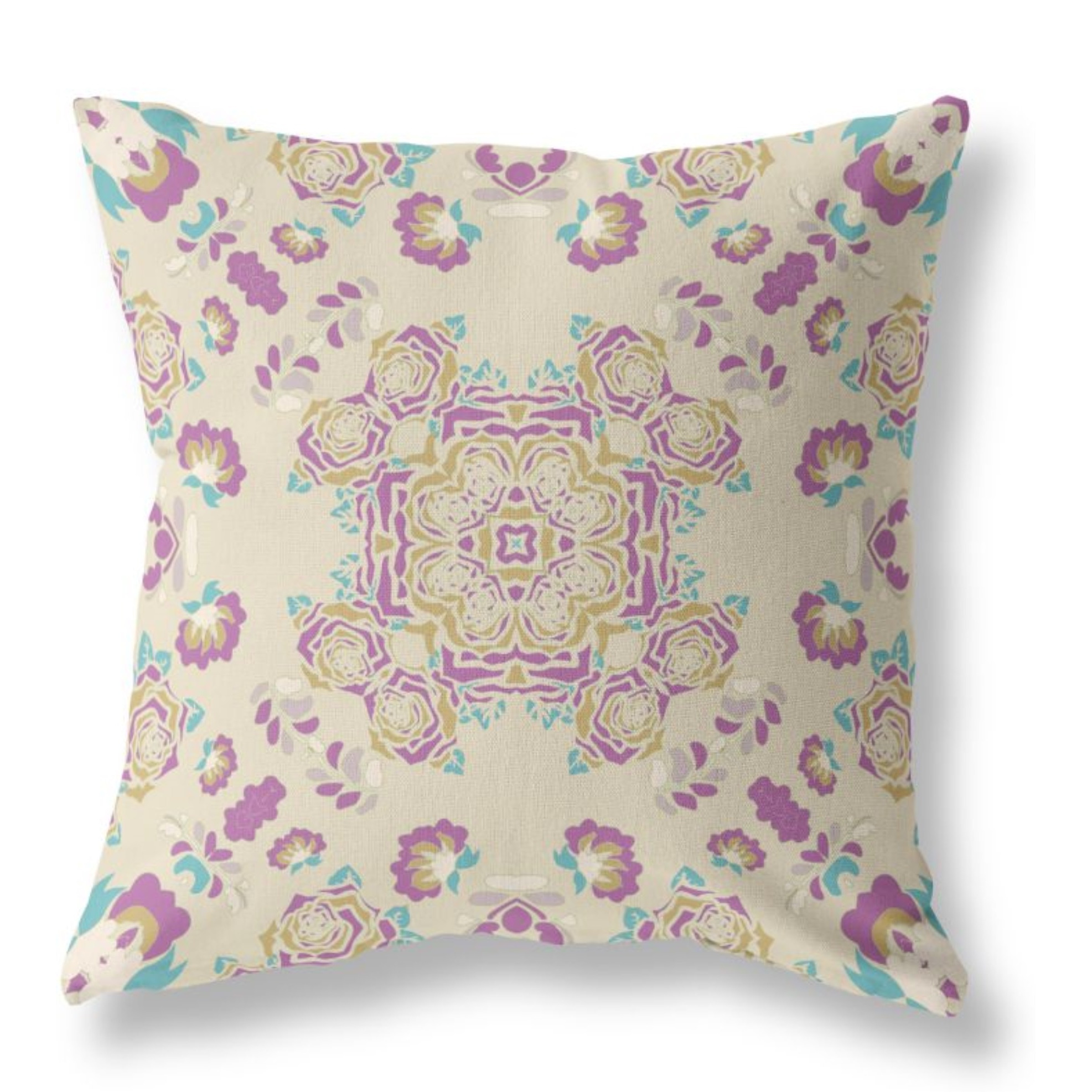 Rose Wreath Broadcloth Indoor Outdoor Pillow, Zippered, OffWhitePurple