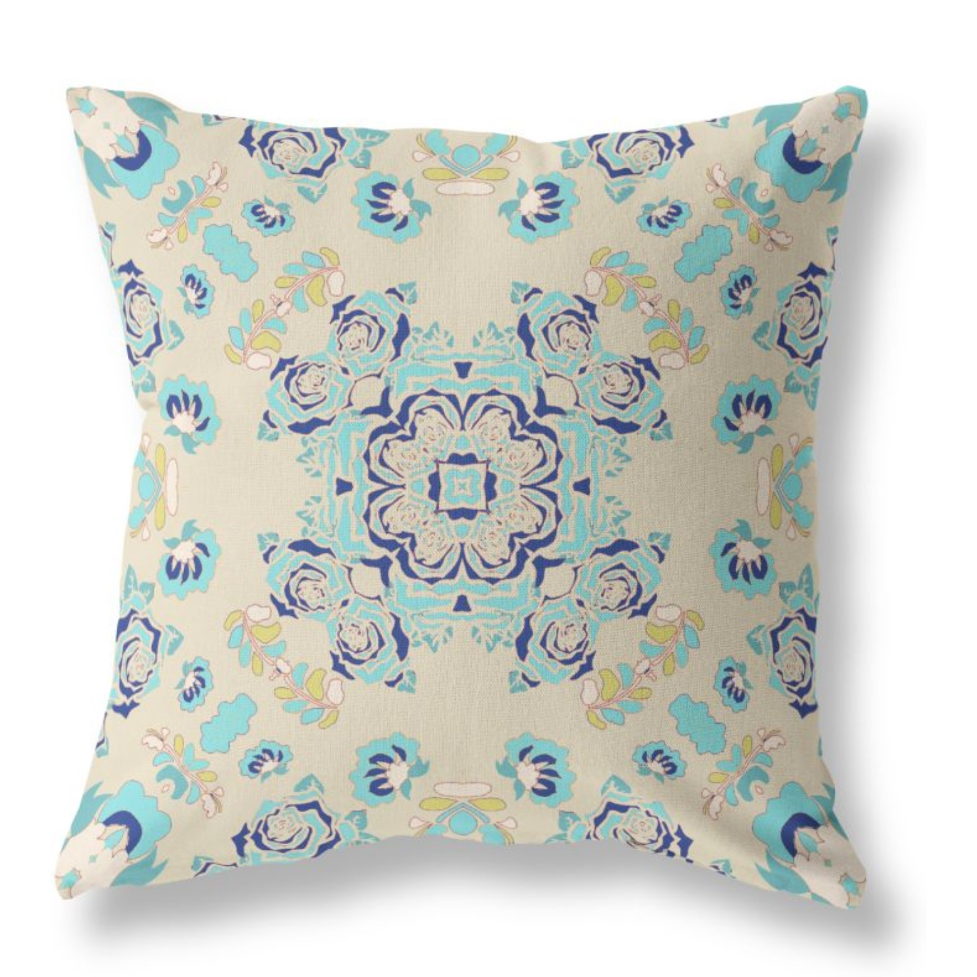 Rose Wreath Broadcloth Indoor Outdoor Pillow, Zippered, OffWhiteBlue