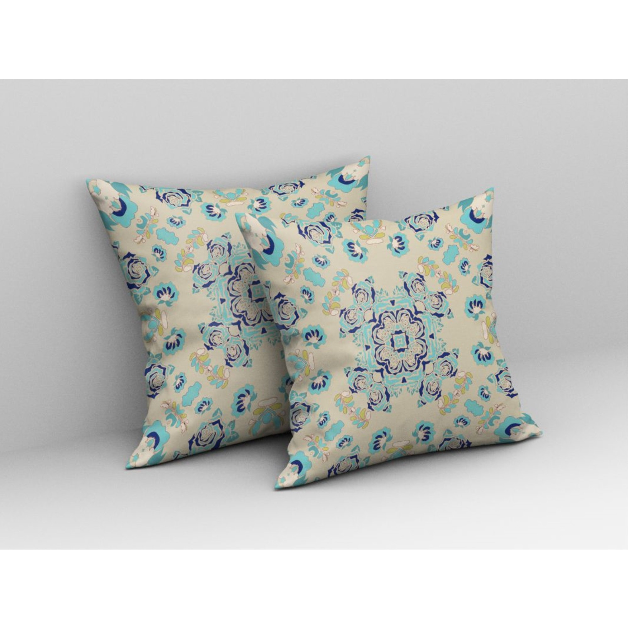 Rose Wreath Broadcloth Indoor Outdoor Pillow, Zippered, OffWhiteBlue