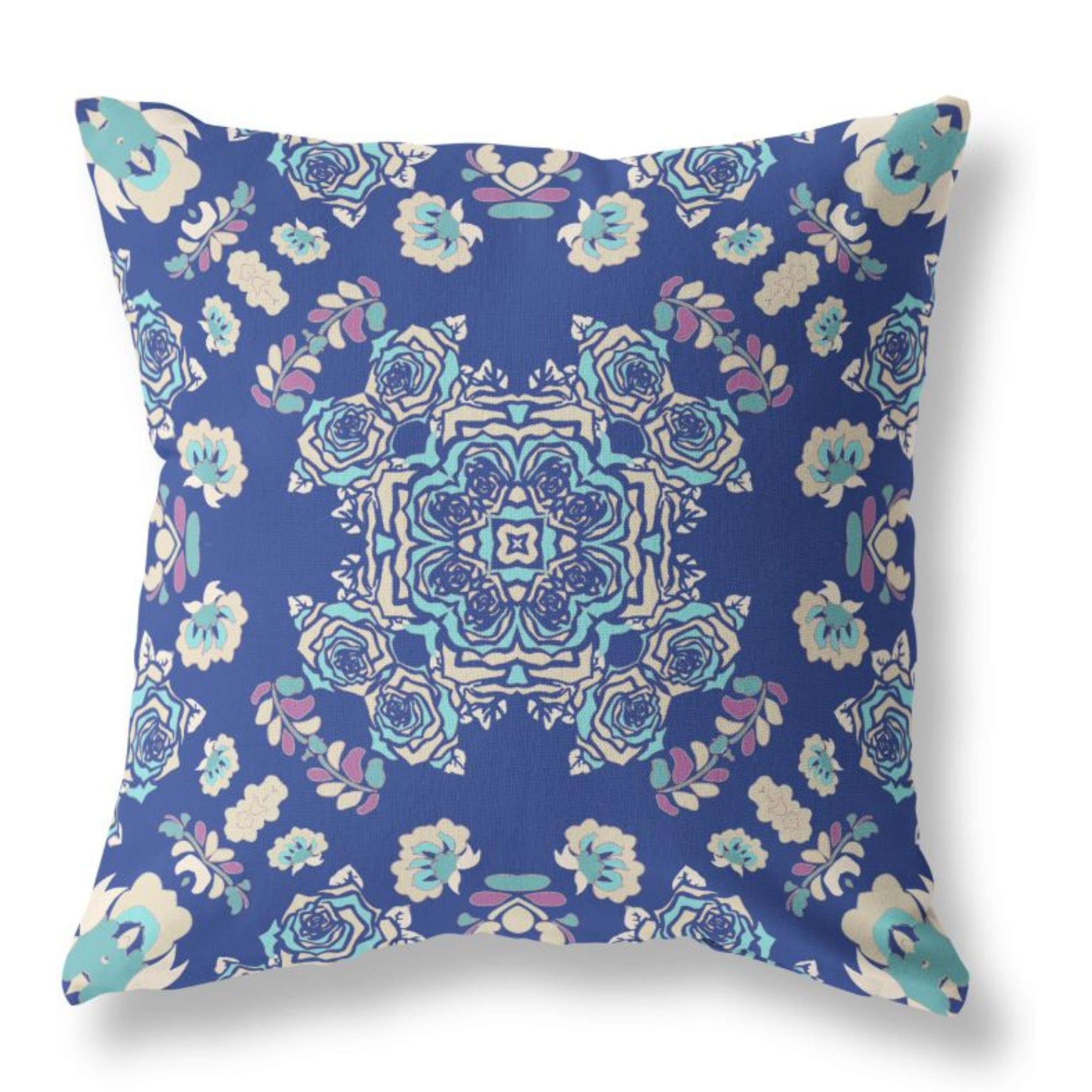 Rose Wreath Broadcloth Indoor Outdoor Pillow, Zippered, BlueOffWhite