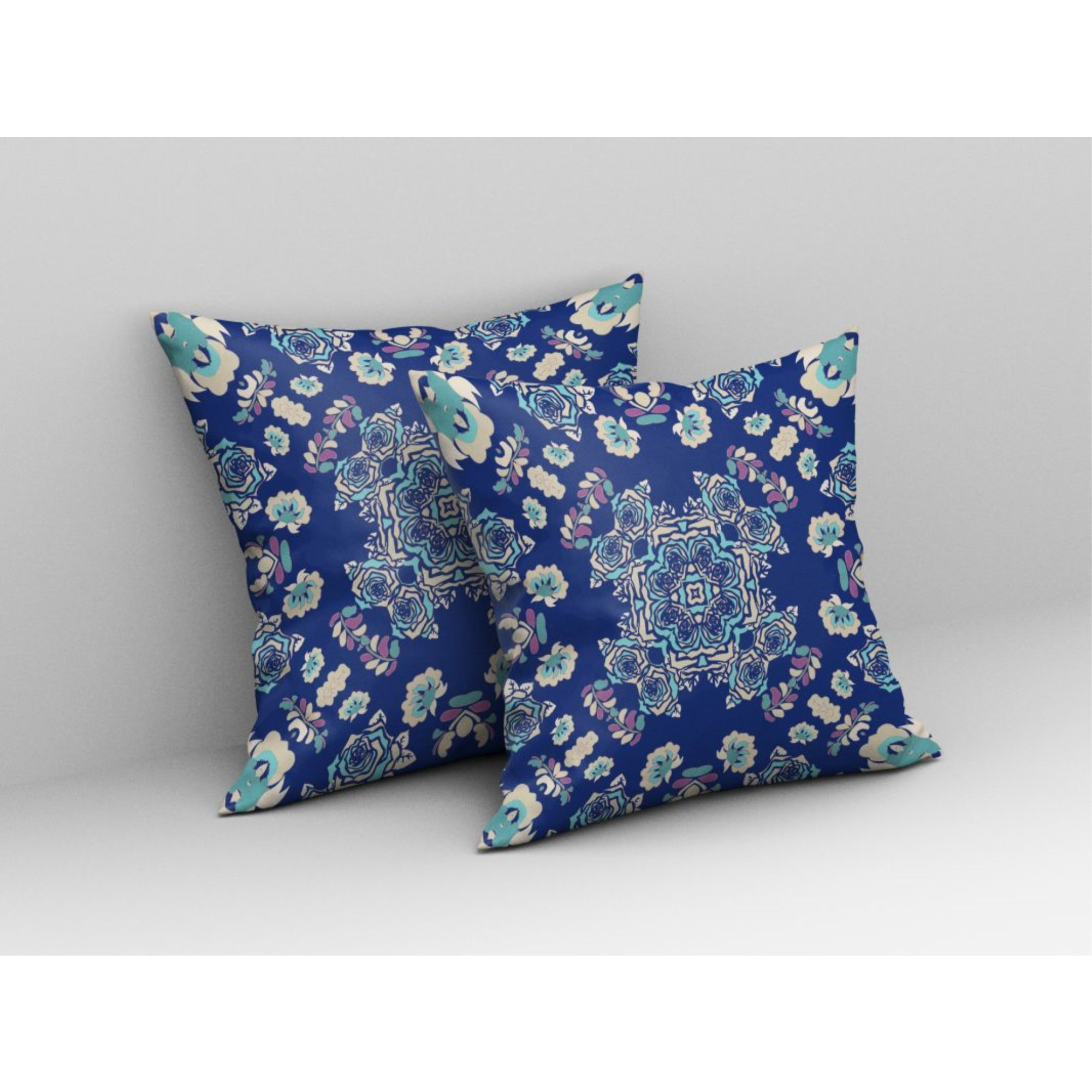 Rose Wreath Broadcloth Indoor Outdoor Pillow, Zippered, BlueOffWhite