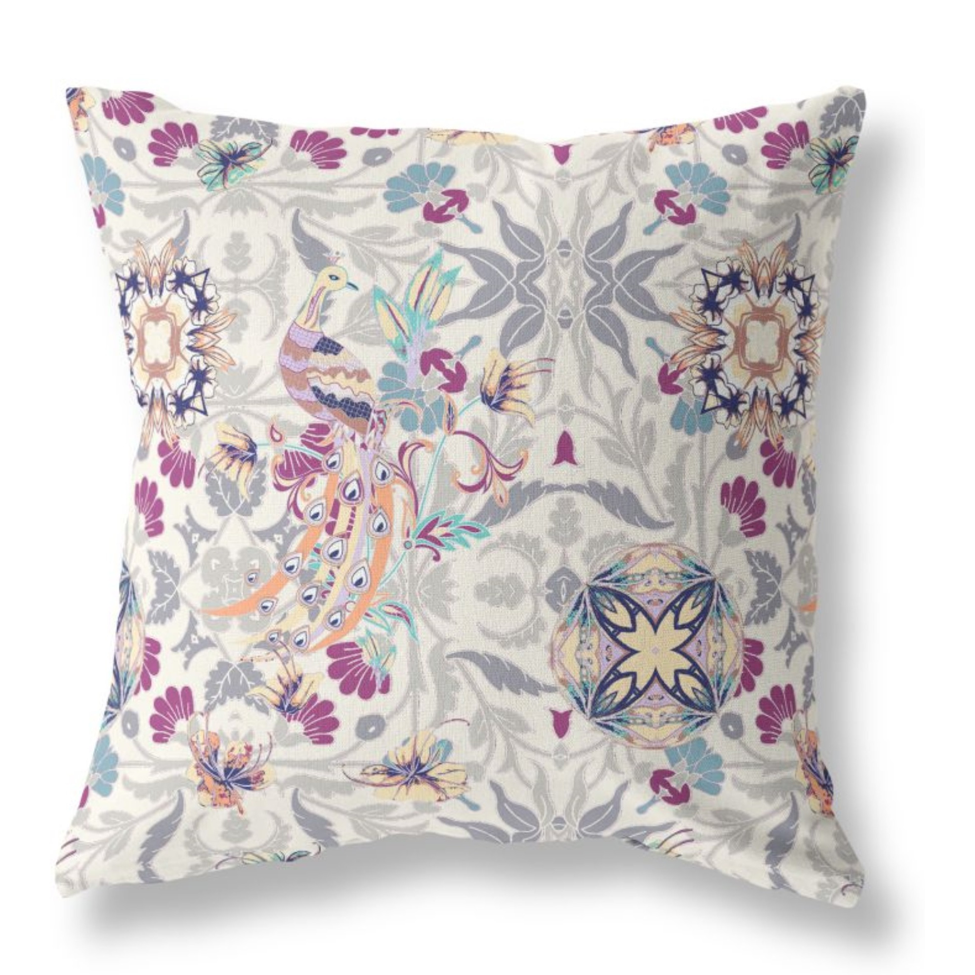 Everest Peacock Broadcloth Indoor Outdoor Pillow, Zippered, OffWhiteGray