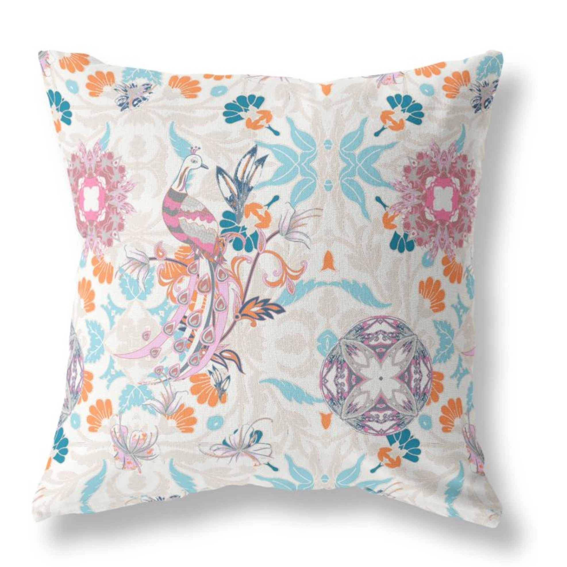 Everest Peacock Broadcloth Indoor Outdoor Pillow, Zippered, OffWhiteSkyBlue