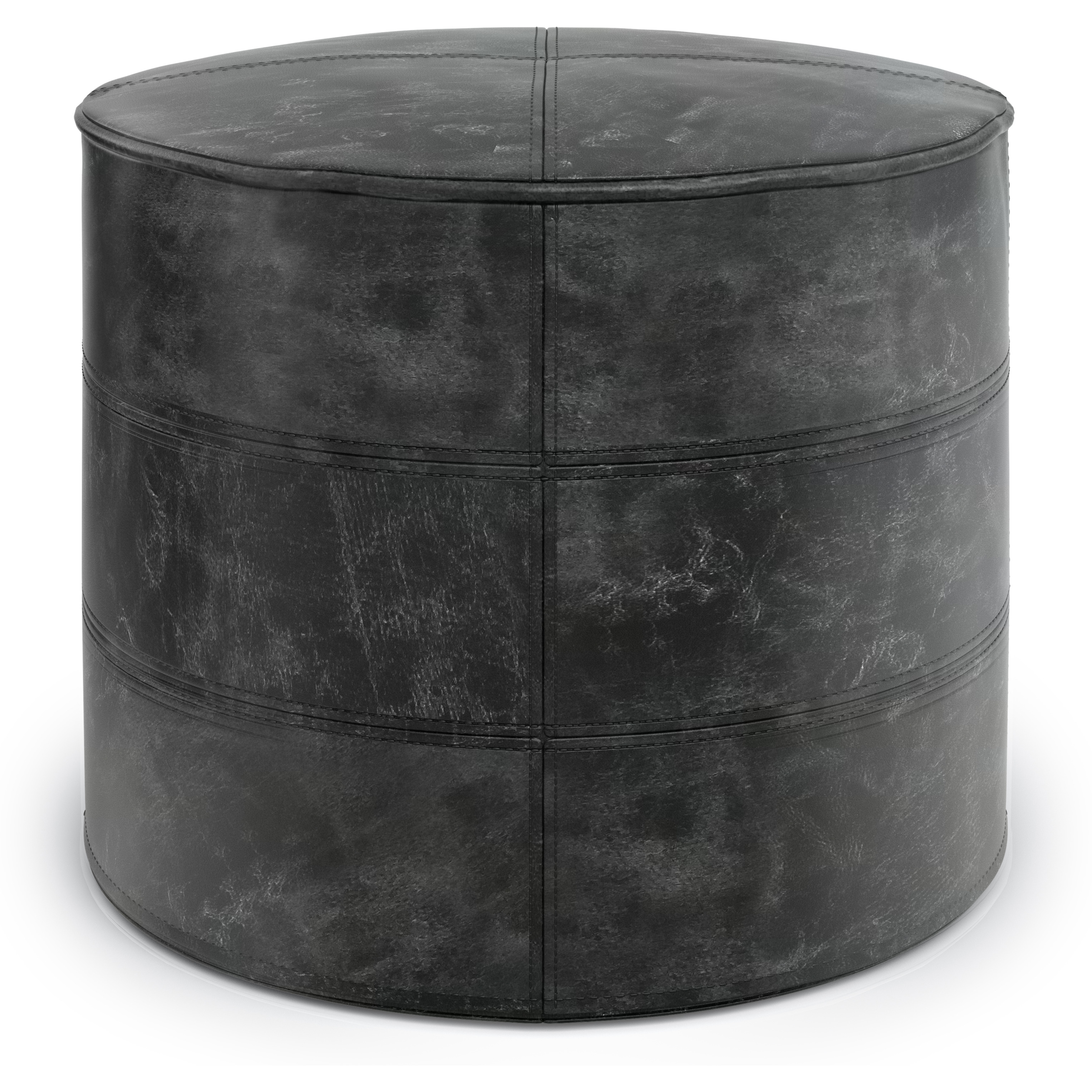 Connor Round Pouf in Distressed Black Genuine Leather