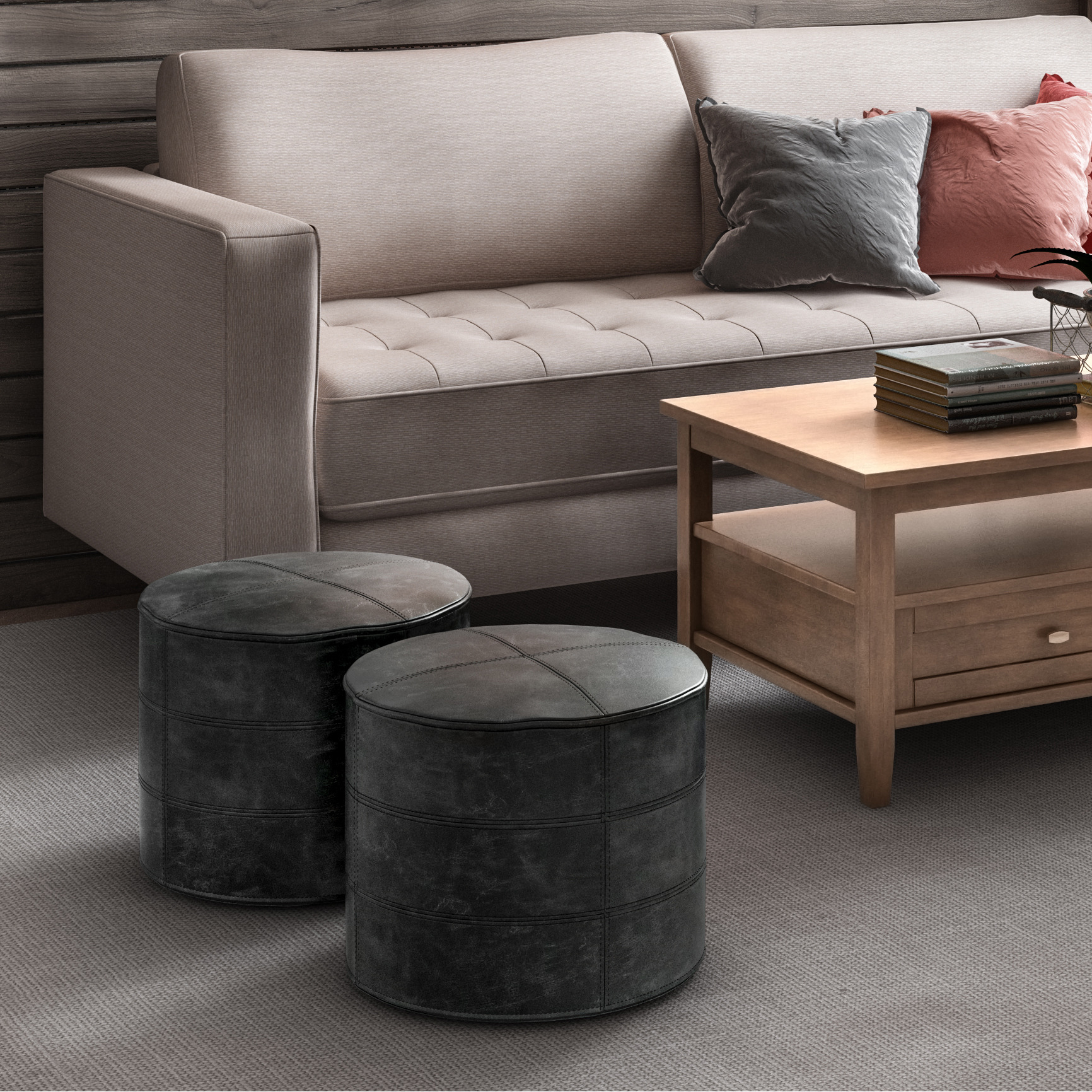 Connor Round Pouf in Distressed Black Genuine Leather