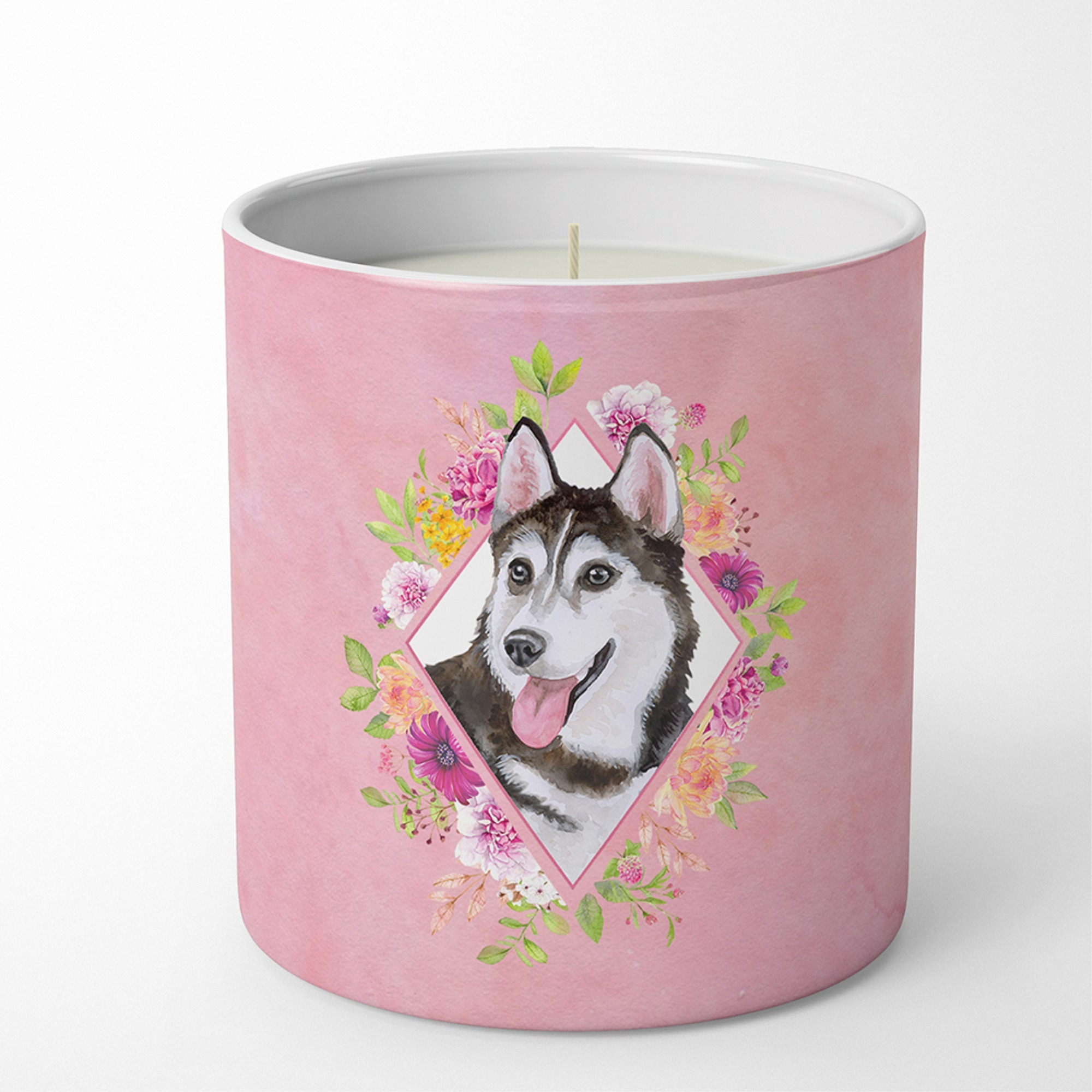 Siberian Husky 1 Pink Flowers 10 oz Decorative Soy Candle CK4151CDL