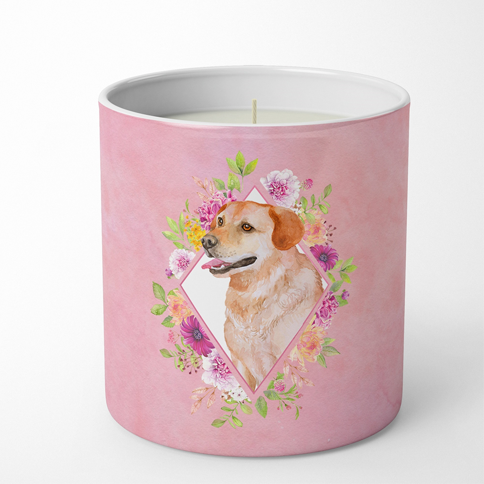 Yellow Labrador Retriever Pink Flowers 10 oz Decorative Soy Candle CK4158CDL