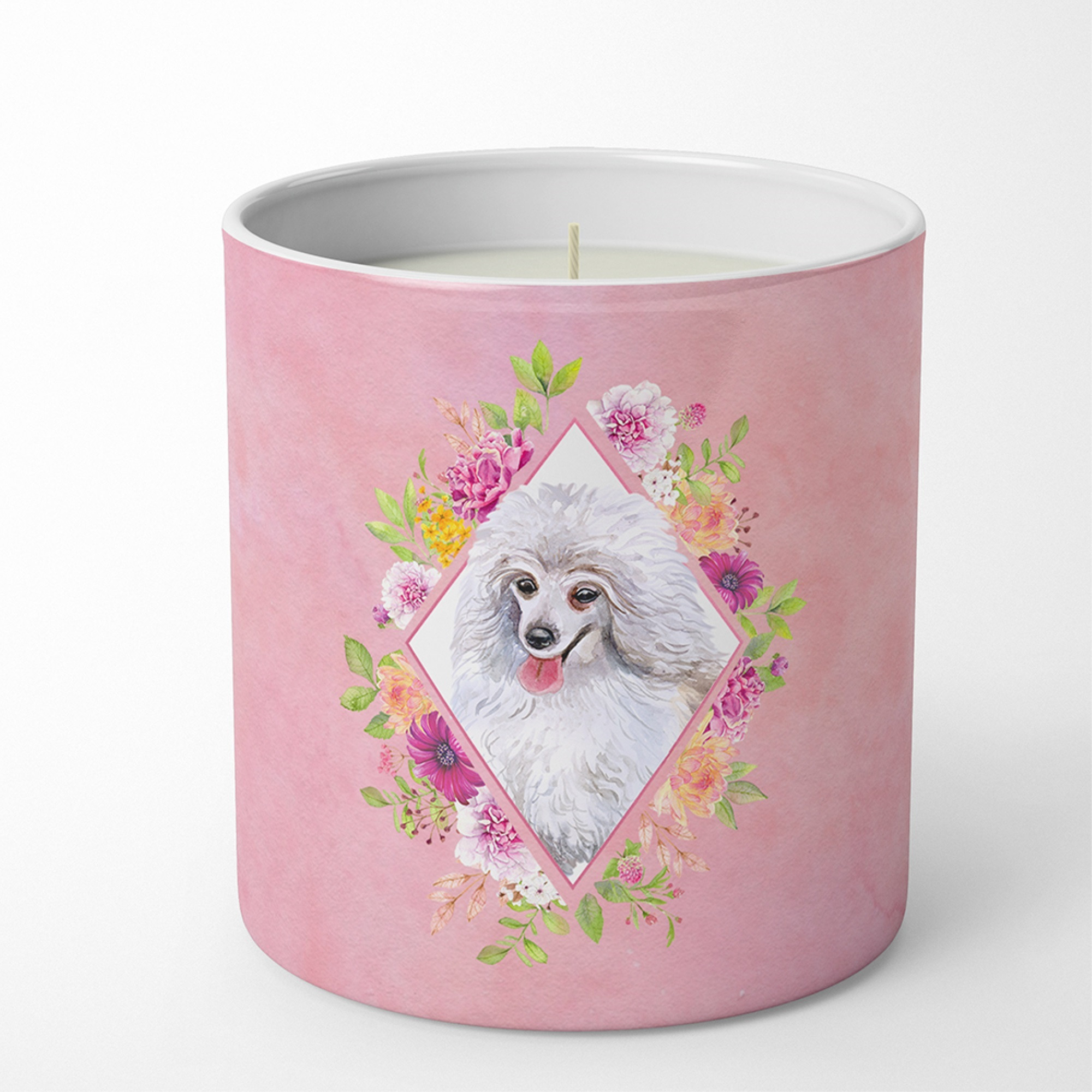 White Mini Poodle Pink Flowers 10 oz Decorative Soy Candle CK4172CDL