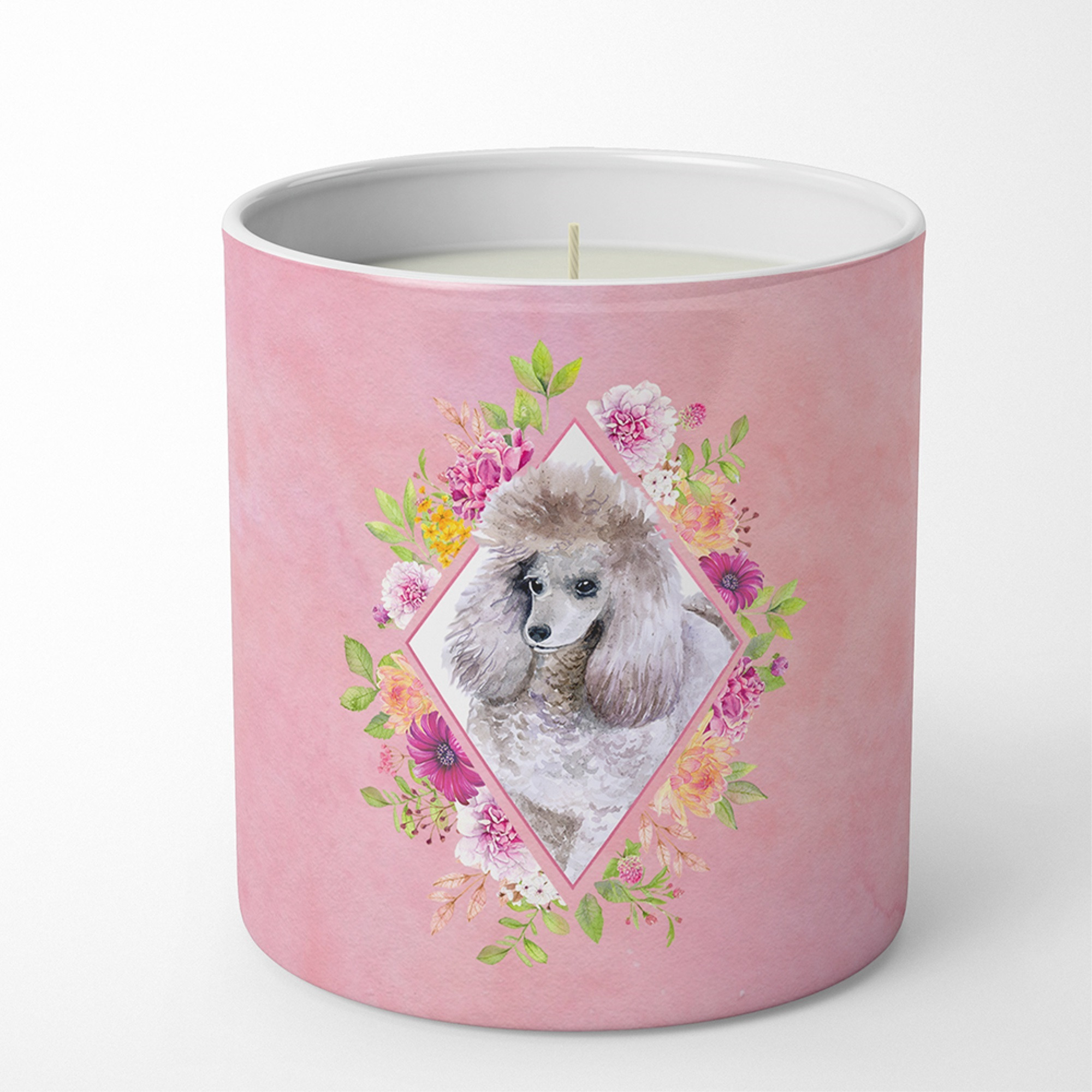 Standard Grey Poodle Pink Flowers 10 oz Decorative Soy Candle CK4173CDL