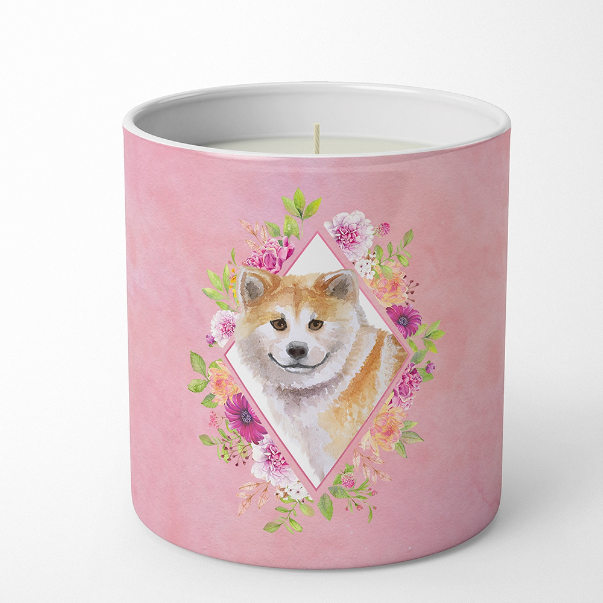 Shiba Inu Pink Flowers 10 oz Decorative Soy Candle CK4183CDL