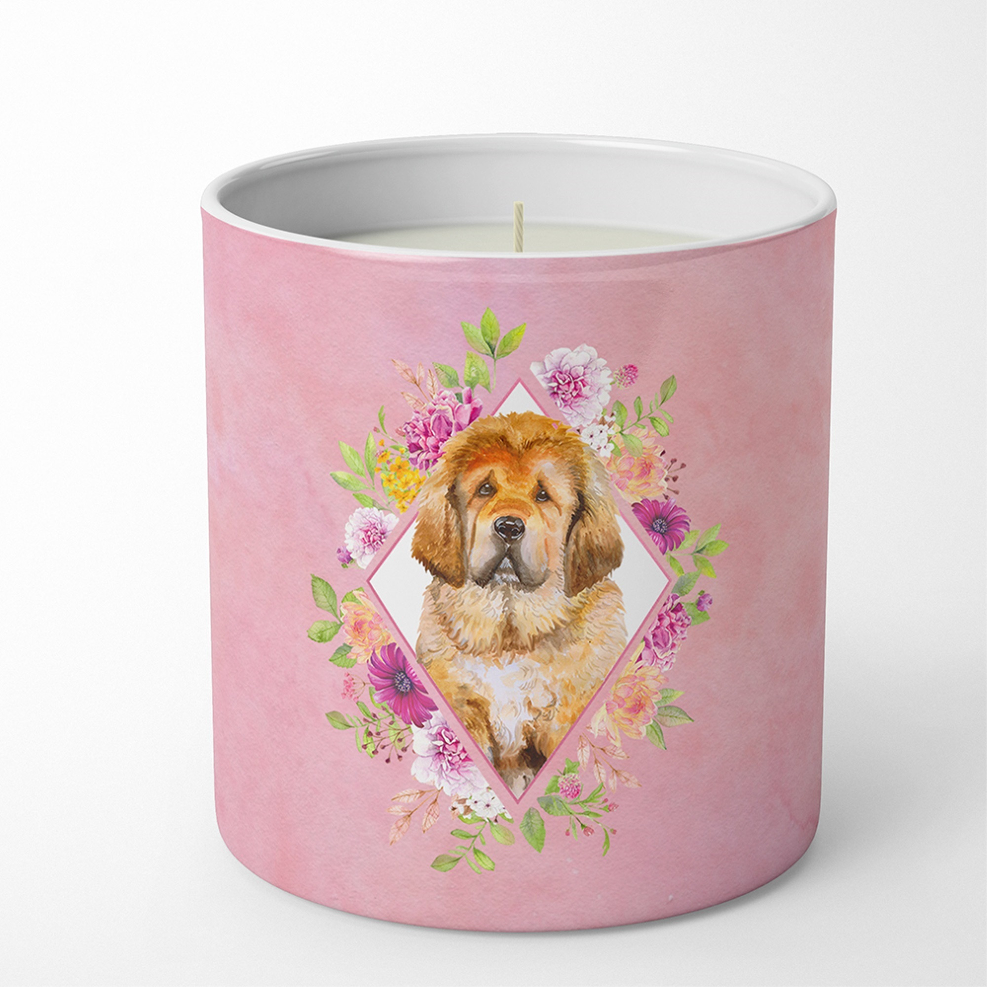 Tibetian Mastiff Puppy Pink Flowers 10 oz Decorative Soy Candle CK4189CDL