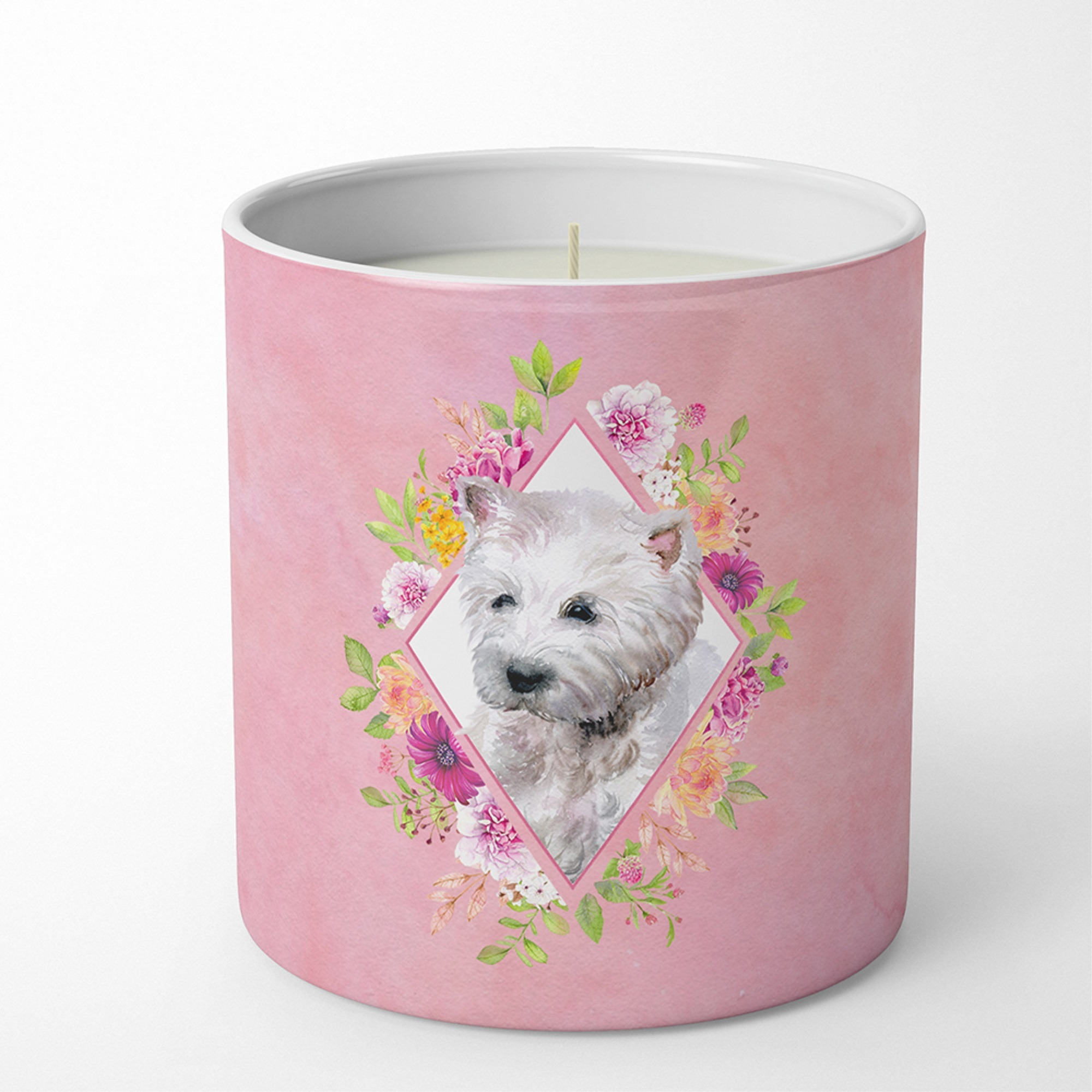 West Highland White Terrier Pink Flowers 10 oz Decorative Soy Candle CK4193CDL