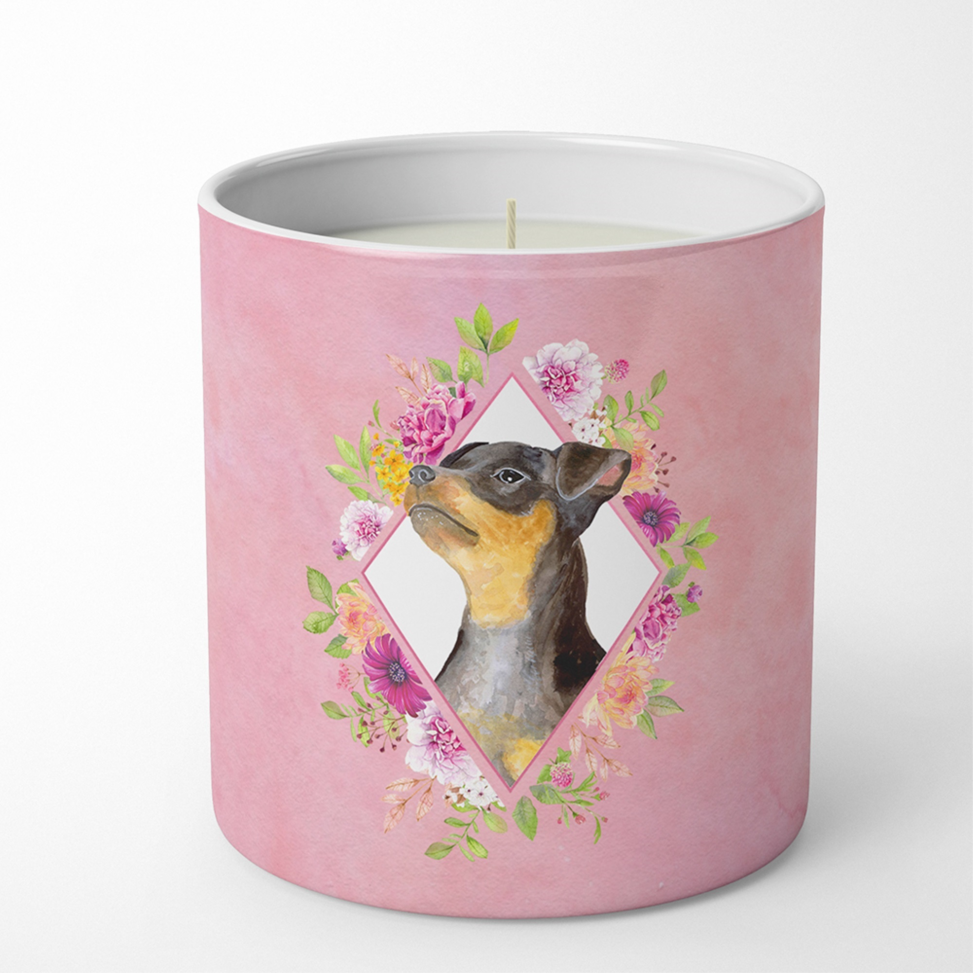 Black Miniature Pinscher Pink Flowers 10 oz Decorative Soy Candle CK4196CDL