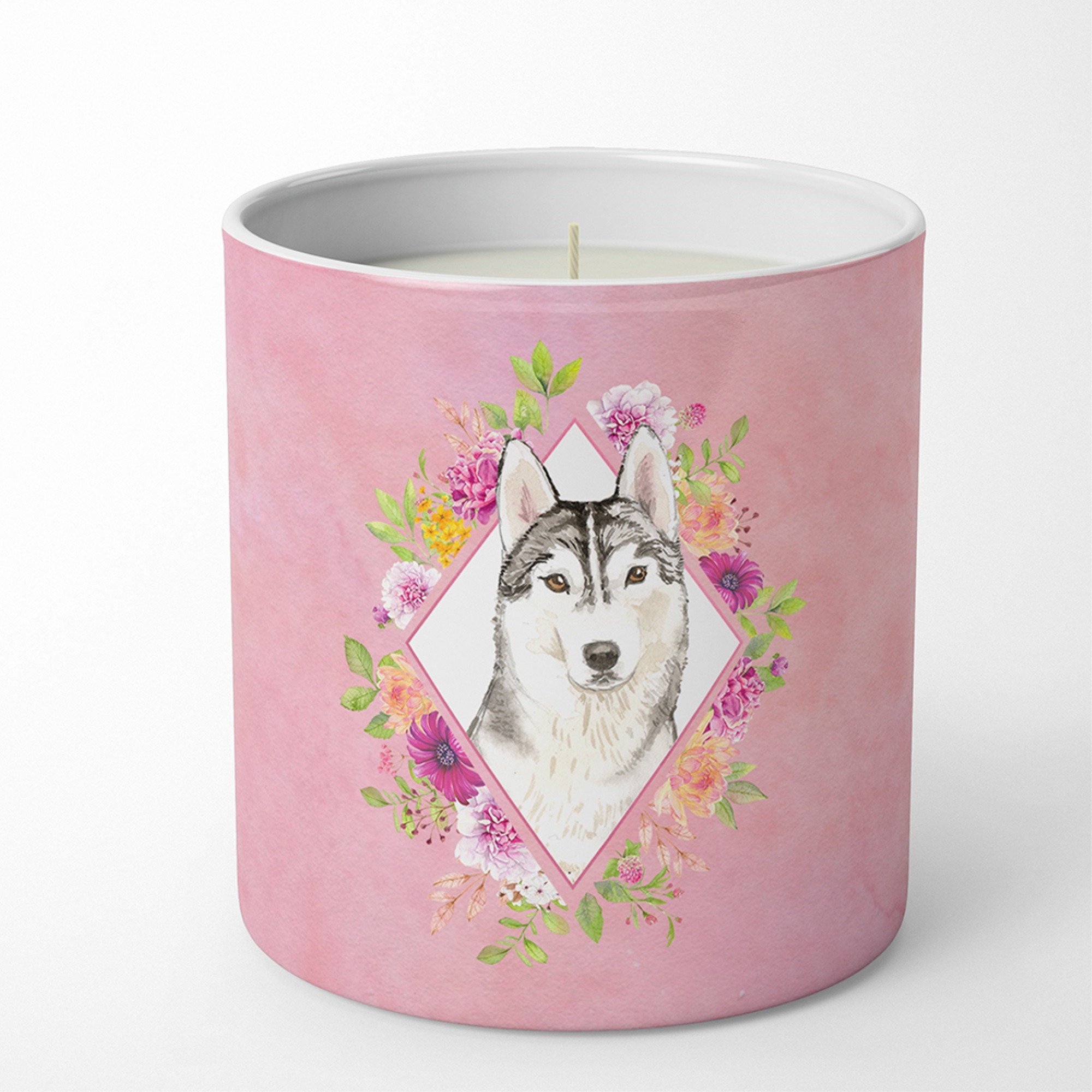 Siberian Husky Pink Flowers 10 oz Decorative Soy Candle CK4210CDL