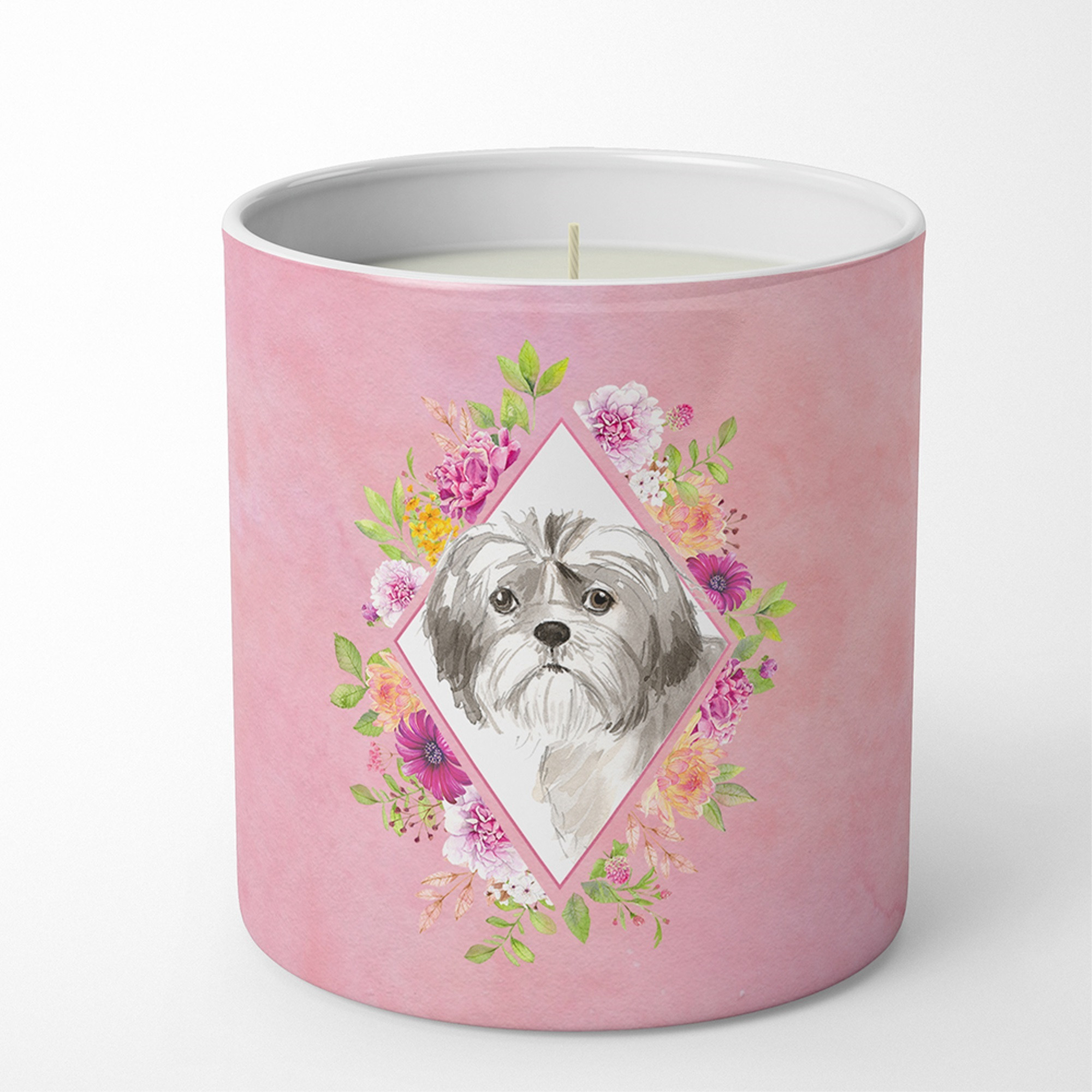 Shih Tzu Puppy Pink Flowers 10 oz Decorative Soy Candle CK4211CDL