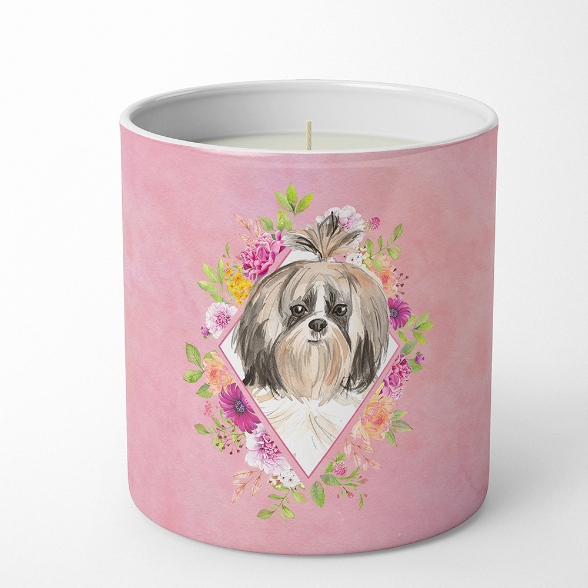 Shih Tzu Pink Flowers 10 oz Decorative Soy Candle CK4212CDL