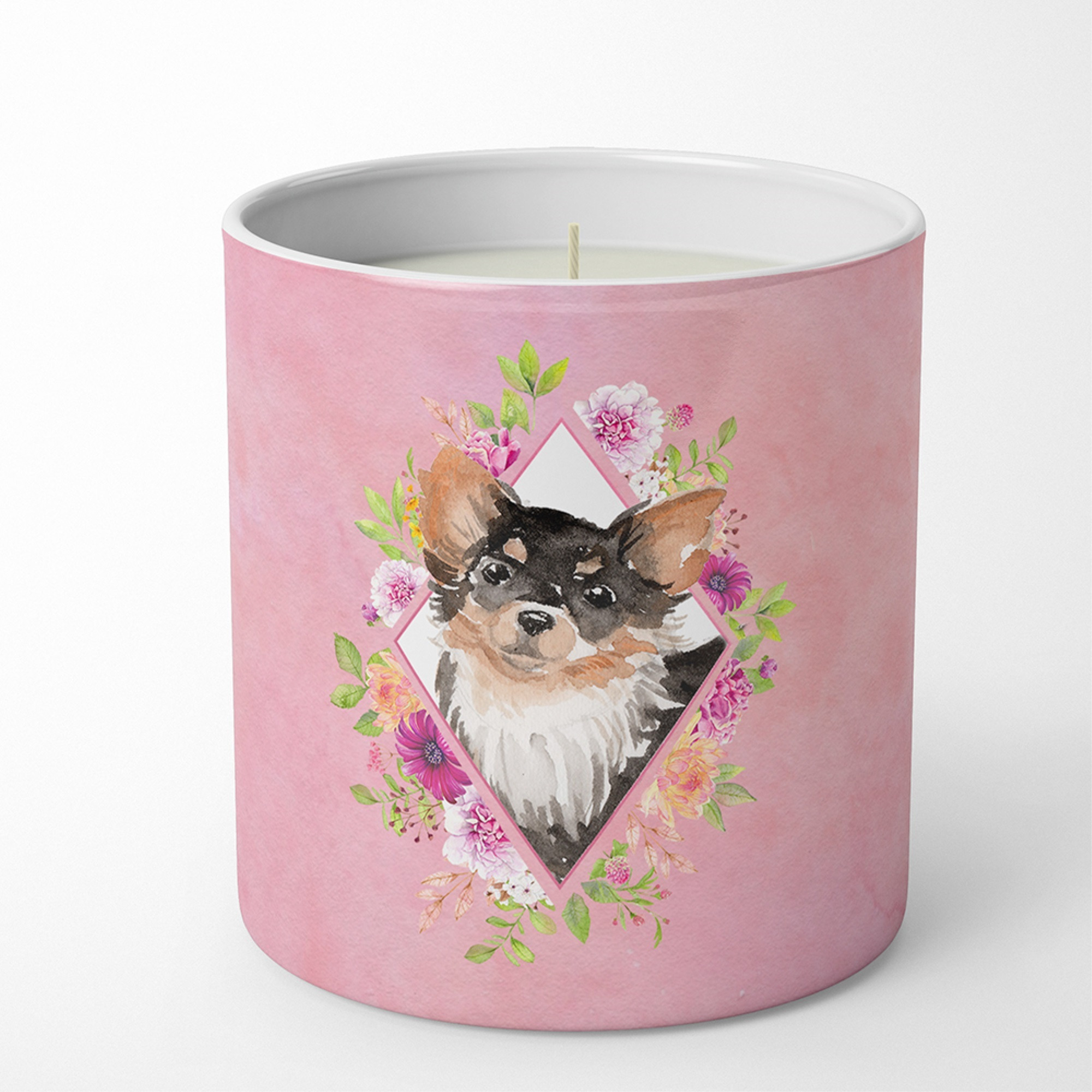 Longhaired Chihuahua Pink Flowers 10 oz Decorative Soy Candle CK4225CDL