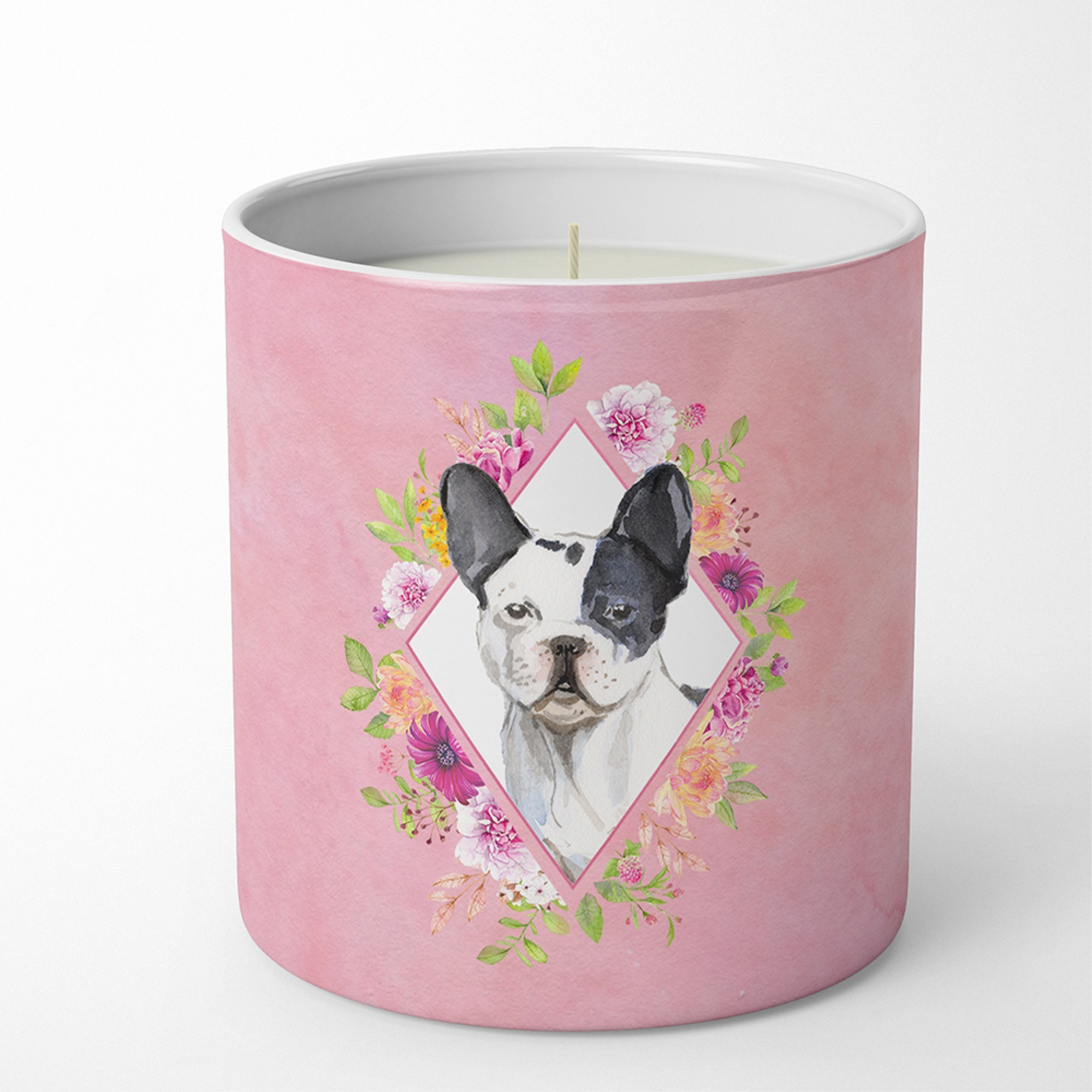 Black and White Frenchie Pink Flowers 10 oz Decorative Soy Candle CK4260CDL