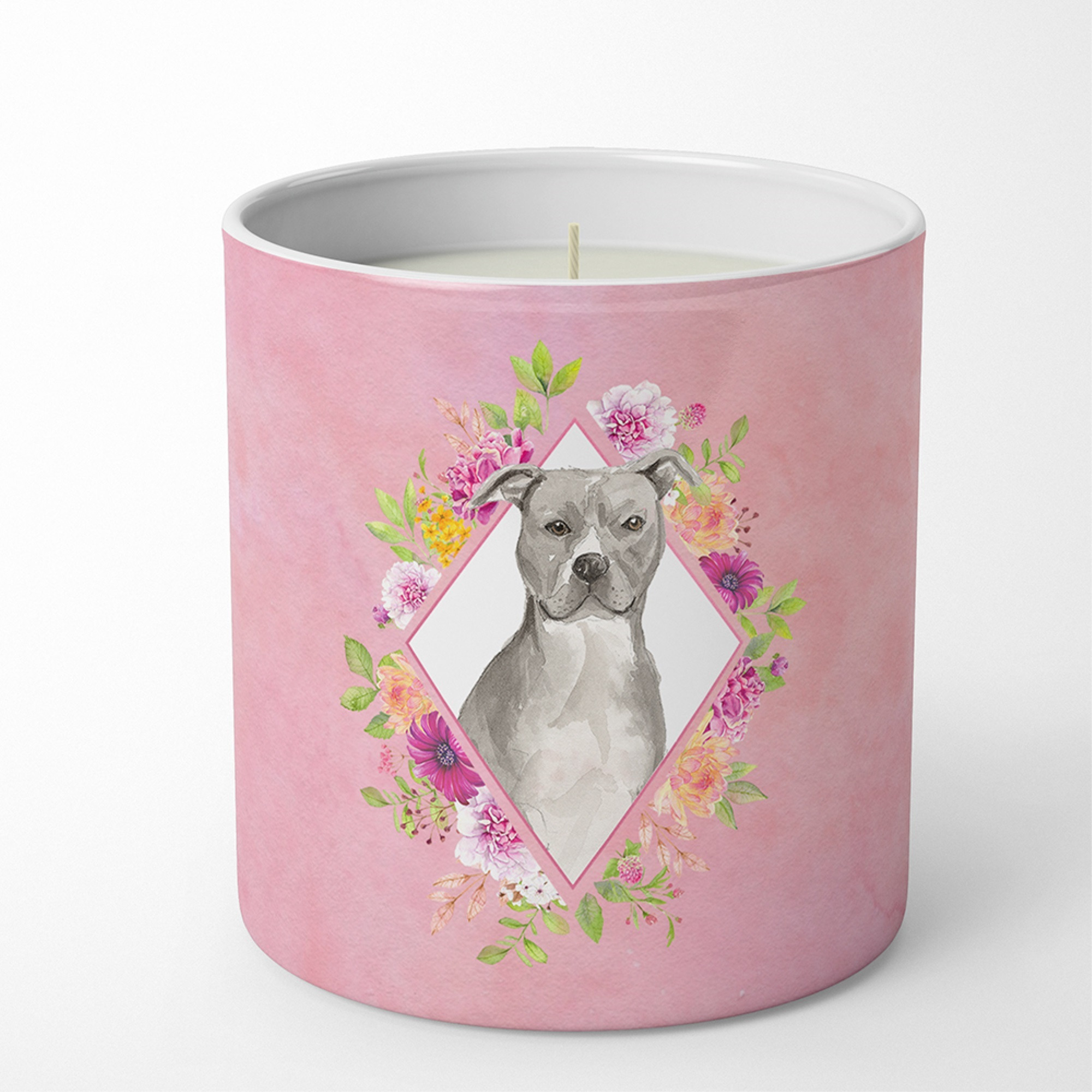 Blue Pit Bull Terrier Pink Flowers 10 oz Decorative Soy Candle CK4269CDL