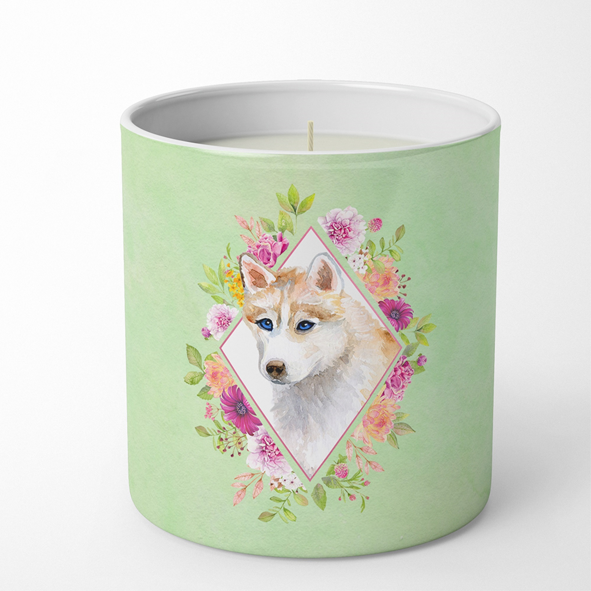 Red Siberian Husky Green Flowers 10 oz Decorative Soy Candle CK4308CDL