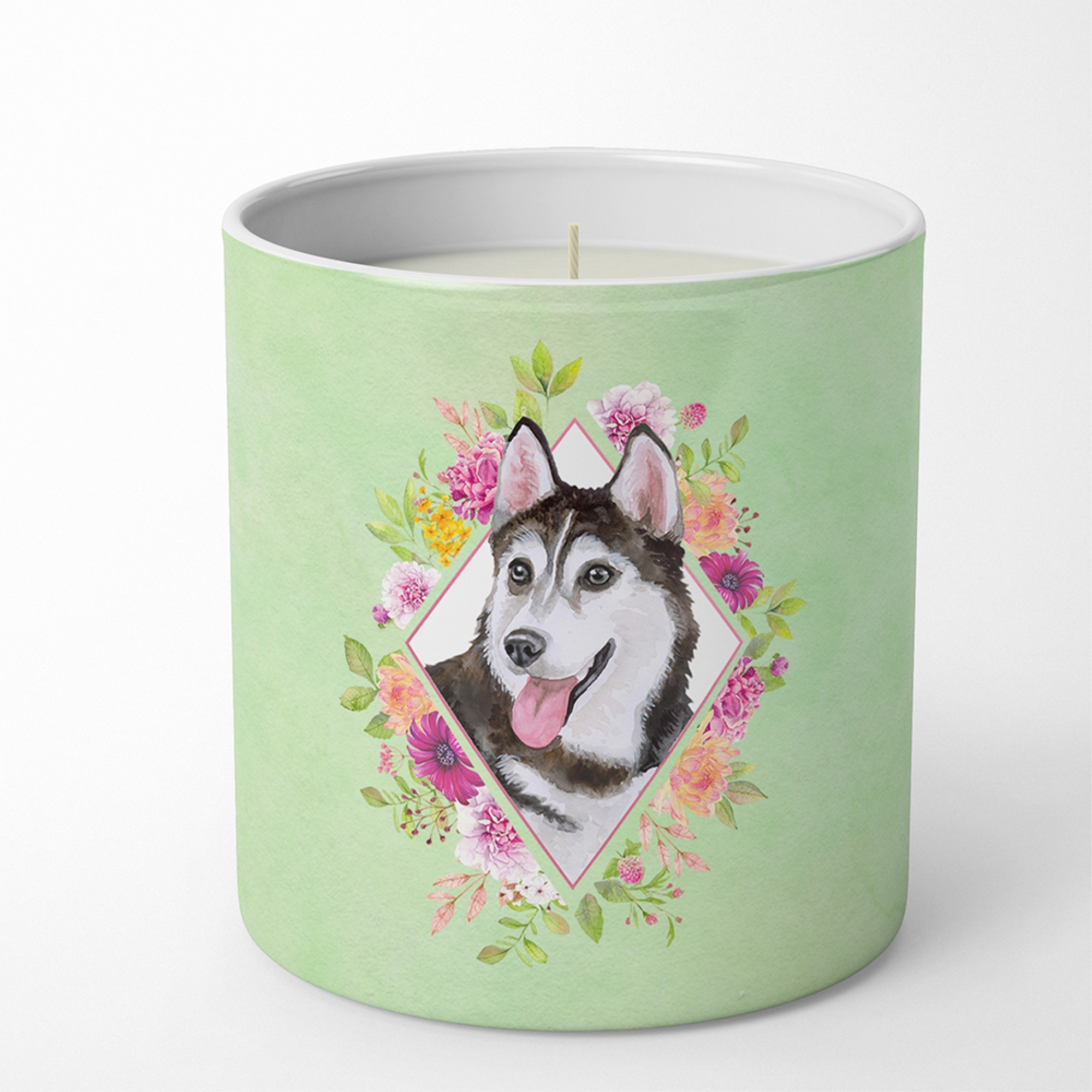 Siberian Husky 1 Green Flowers 10 oz Decorative Soy Candle CK4311CDL