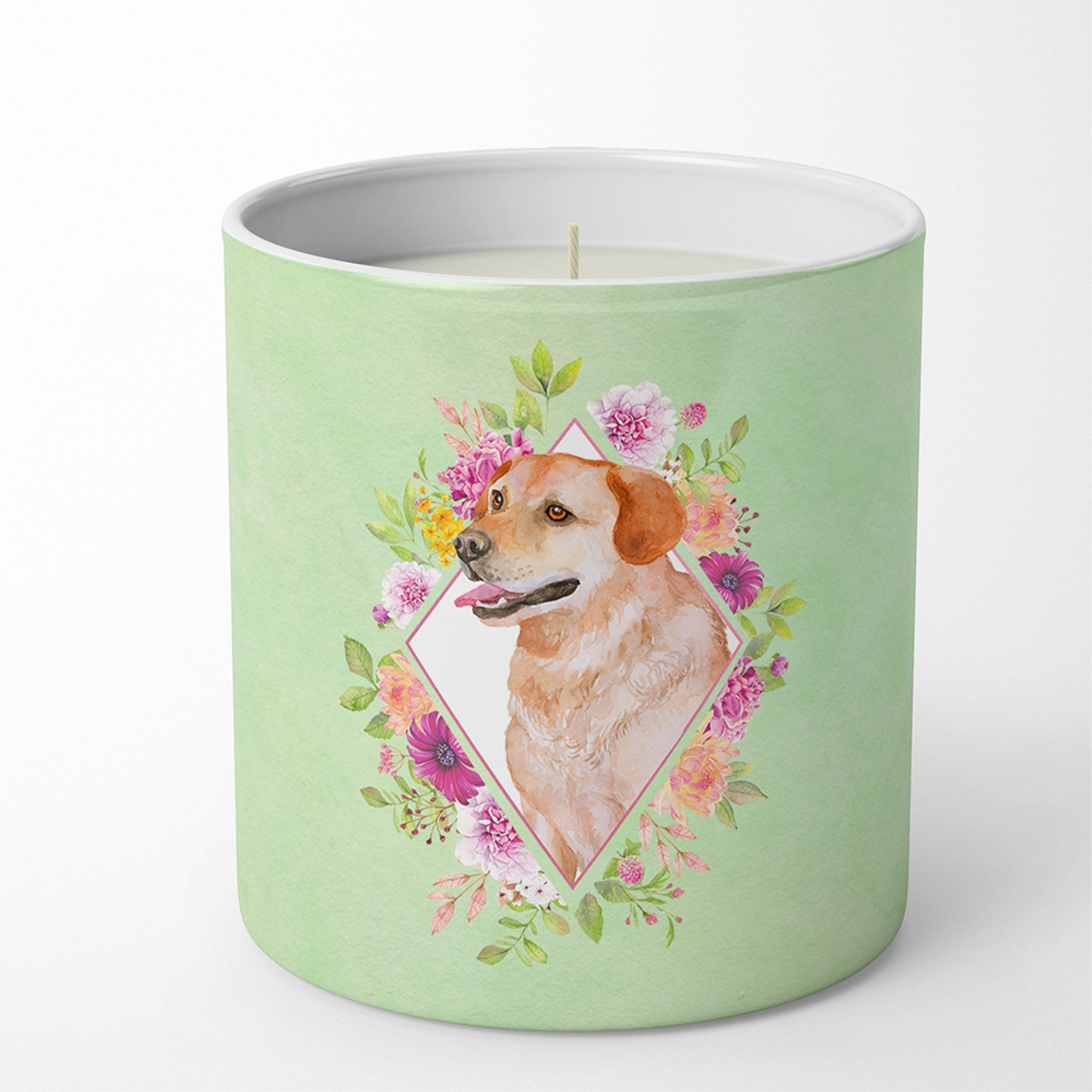 Yellow Labrador Retriever Green Flowers 10 oz Decorative Soy Candle CK4318CDL