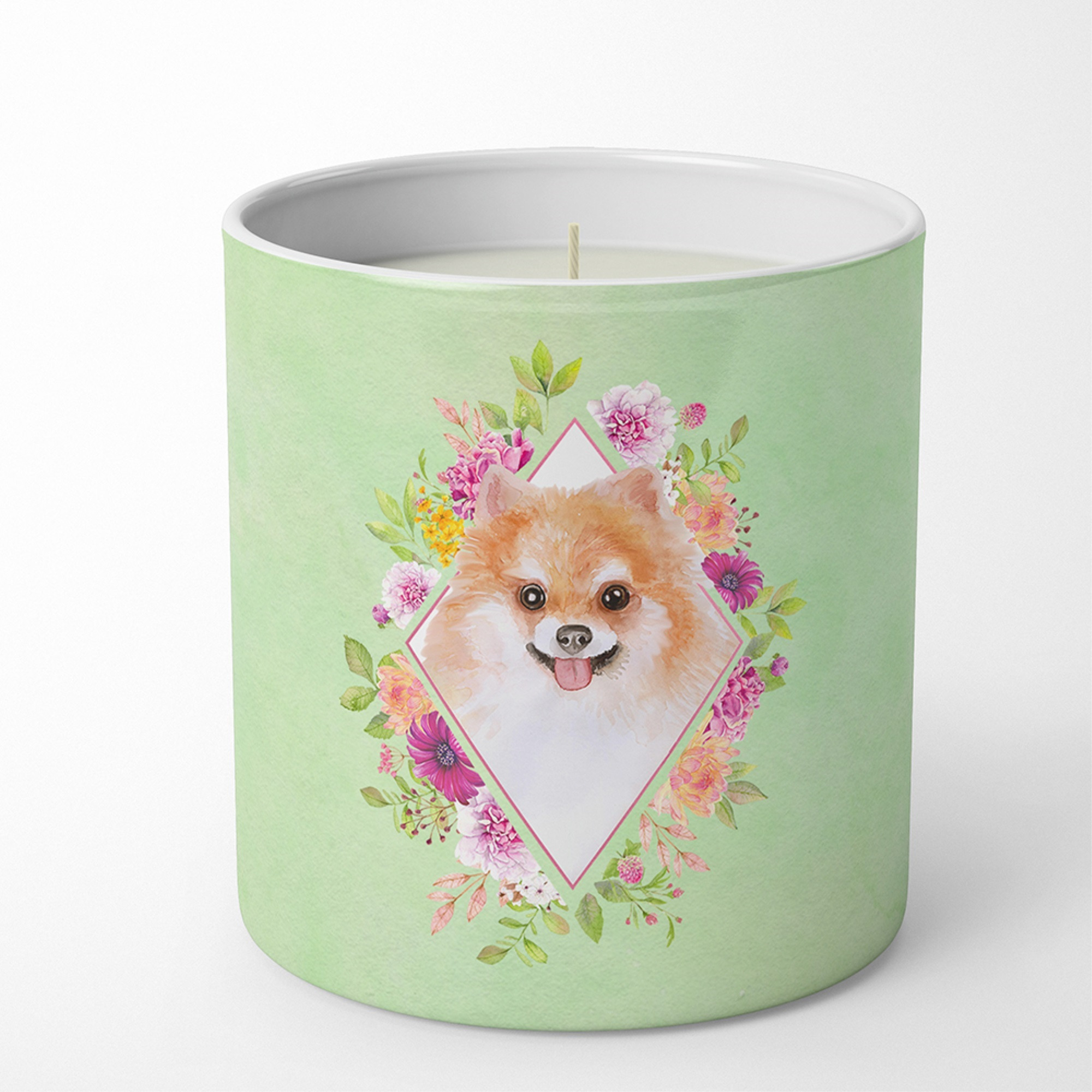 Pomeranian 1 Green Flowers 10 oz Decorative Soy Candle CK4329CDL