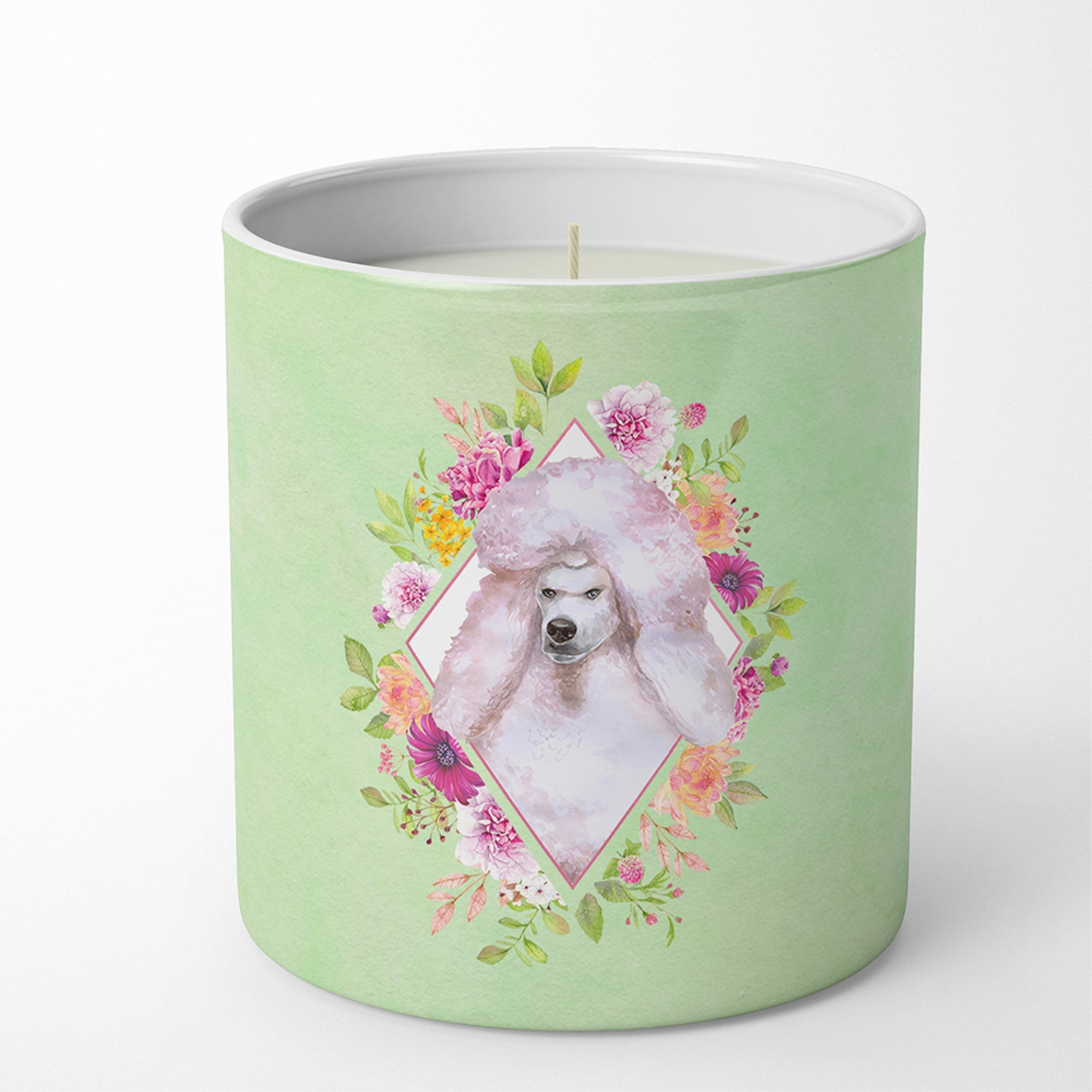 Standard White Poodle Green Flowers 10 oz Decorative Soy Candle CK4331CDL