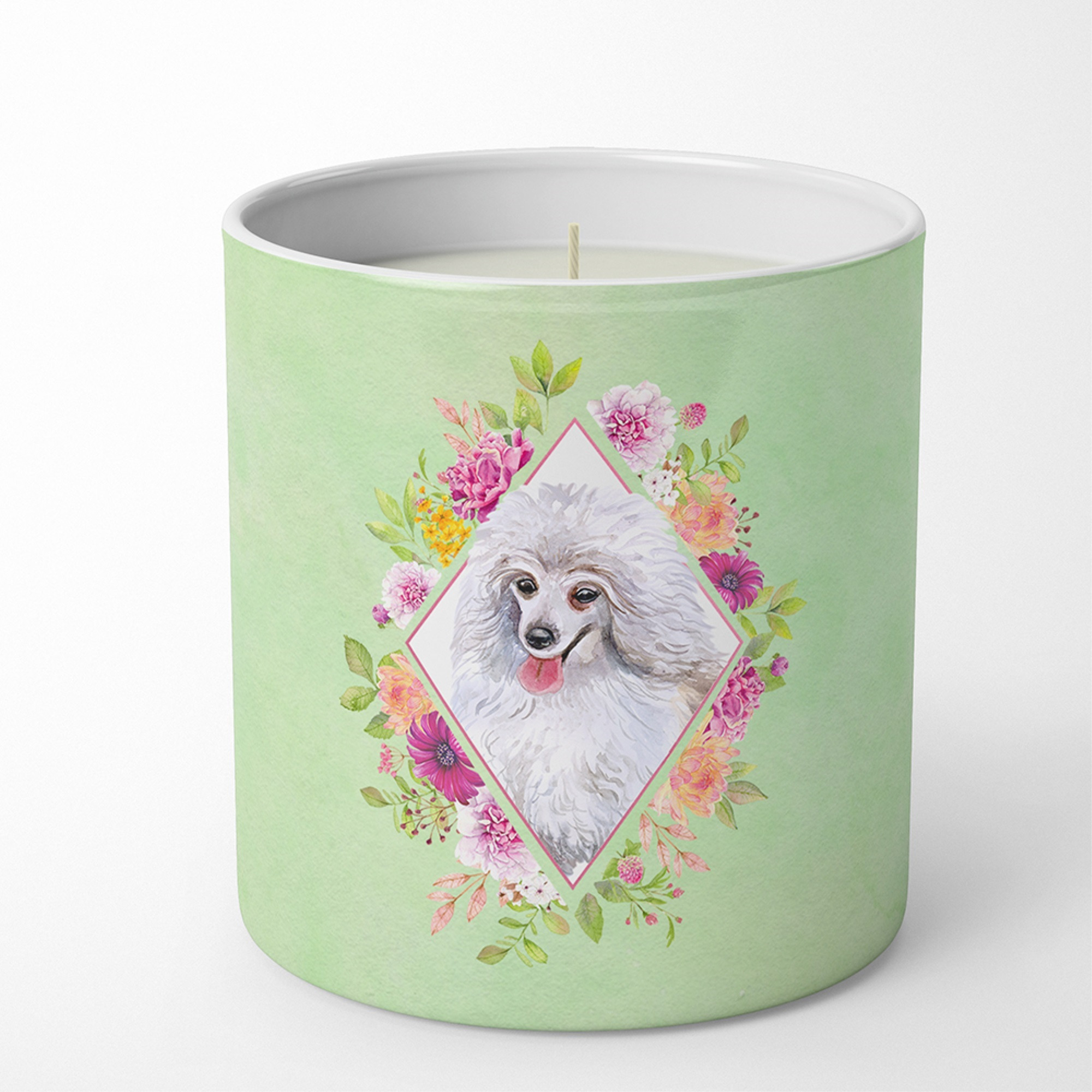 White Mini Poodle Green Flowers 10 oz Decorative Soy Candle CK4332CDL