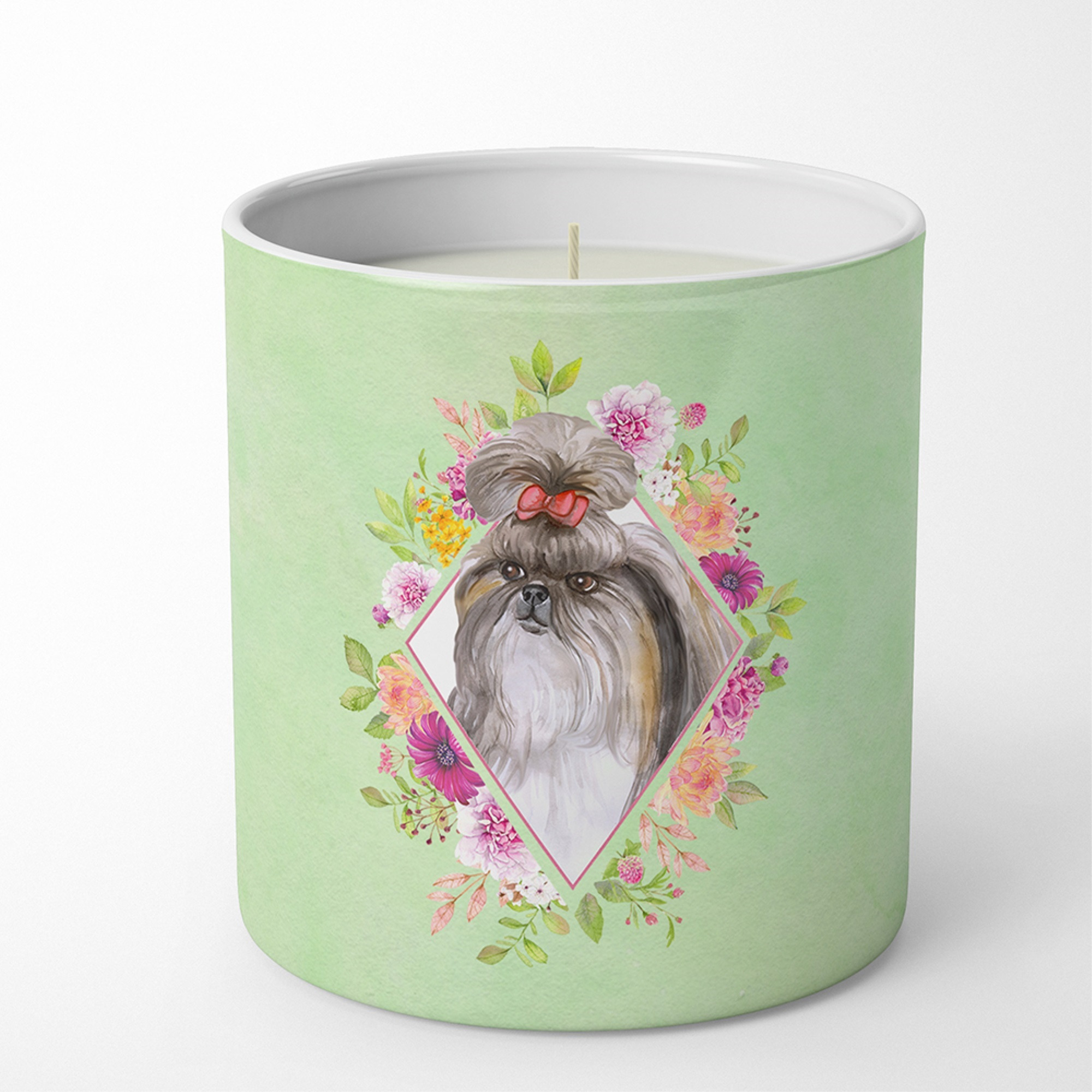 Shih Tzu Green Flowers 10 oz Decorative Soy Candle CK4344CDL
