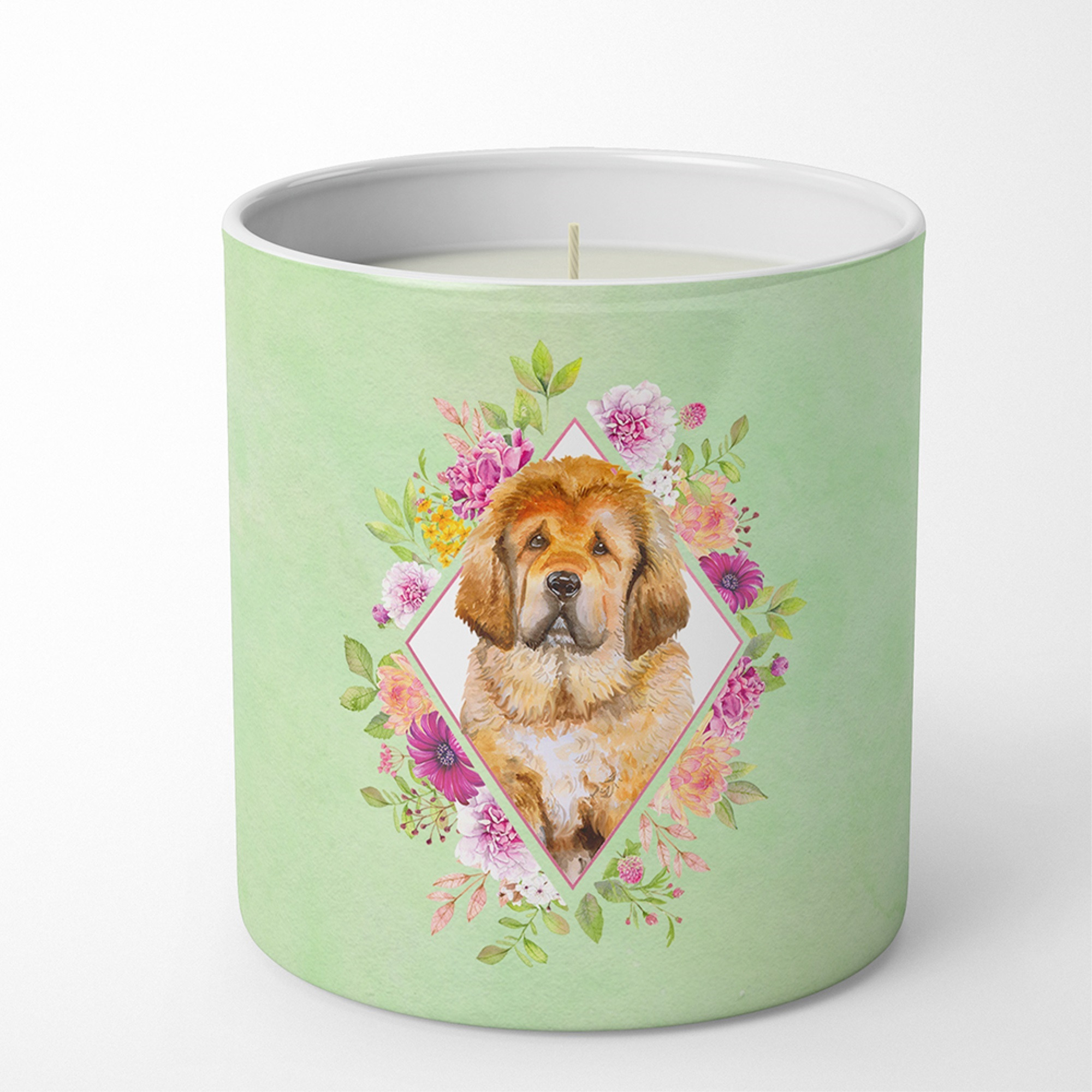 Tibetian Mastiff Puppy Green Flowers 10 oz Decorative Soy Candle CK4349CDL