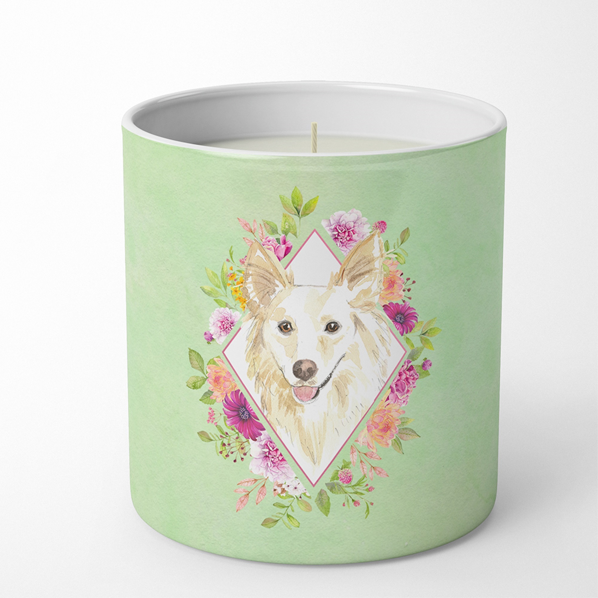 White Collie Green Flowers 10 oz Decorative Soy Candle CK4361CDL