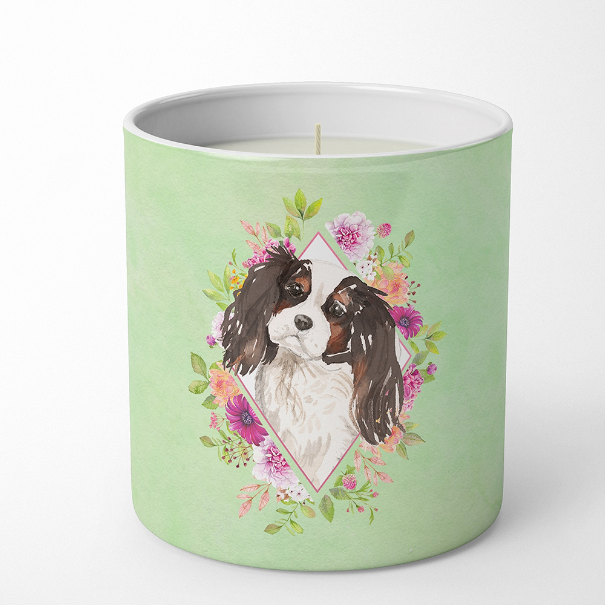 Tricolor Cavalier Spaniel Green Flowers 10 oz Decorative Soy Candle CK4366CDL