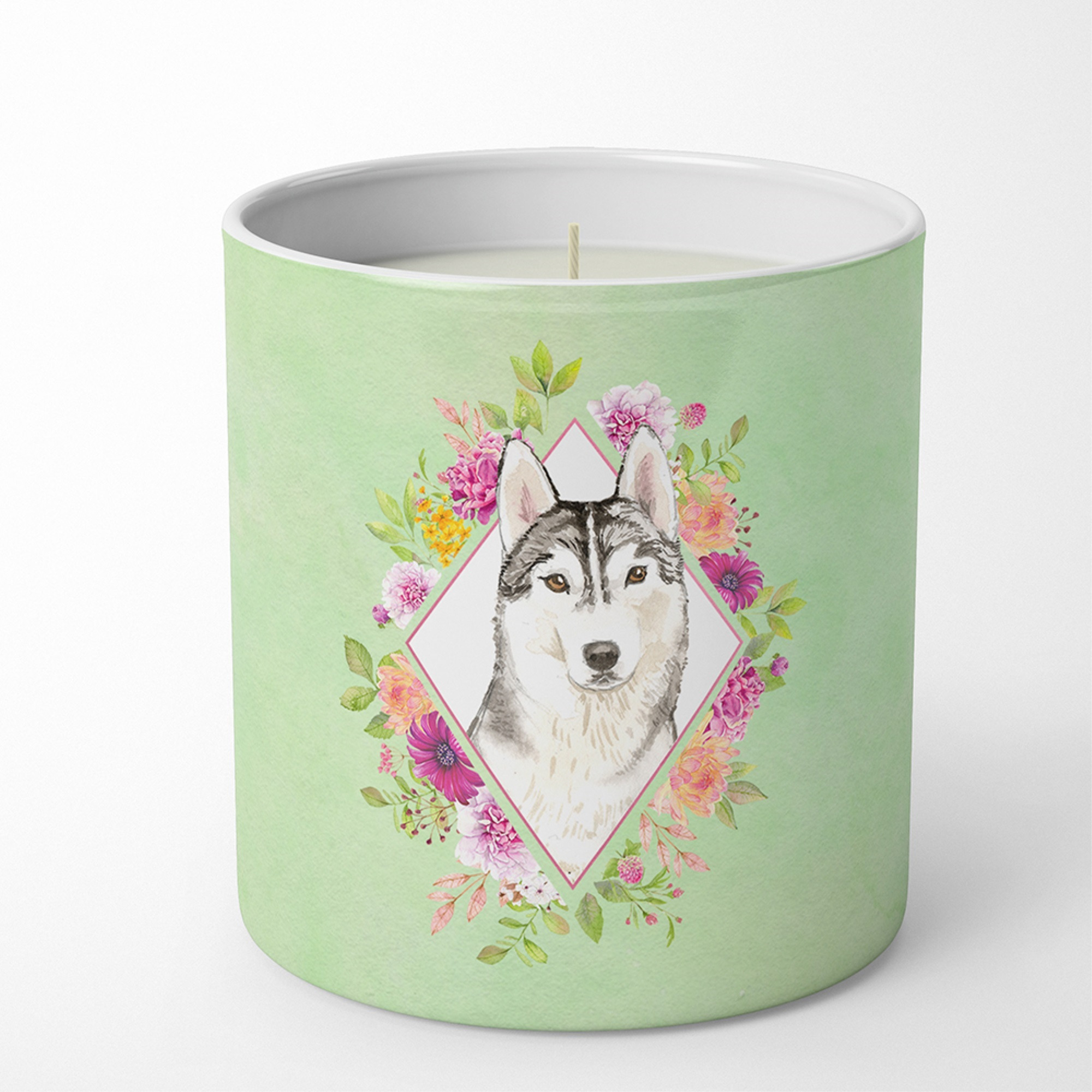 Siberian Husky Green Flowers 10 oz Decorative Soy Candle CK4370CDL