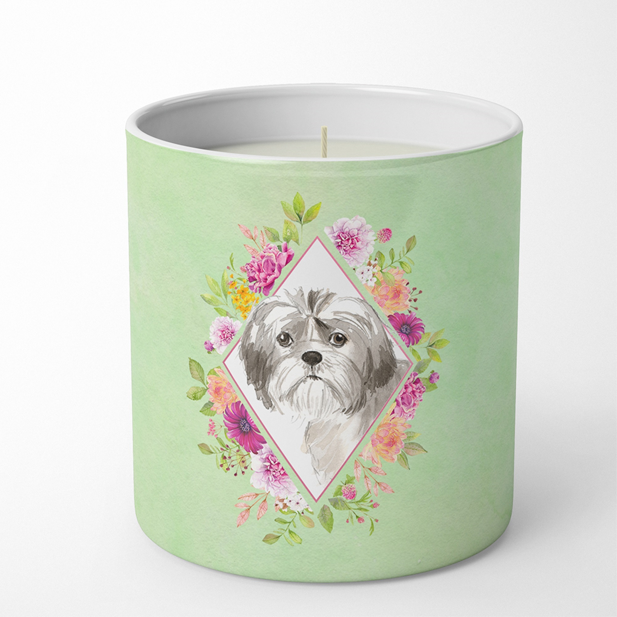 Shih Tzu Puppy Green Flowers 10 oz Decorative Soy Candle CK4371CDL