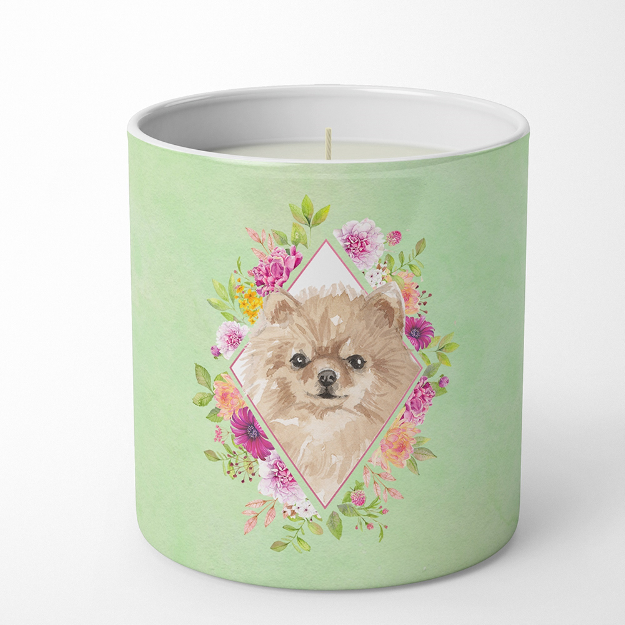 Pomeranian Green Flowers 10 oz Decorative Soy Candle CK4379CDL