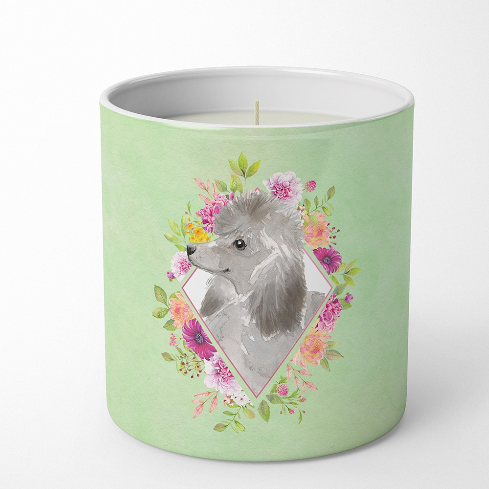 Grey Standard Poodle Green Flowers 10 oz Decorative Soy Candle CK4393CDL