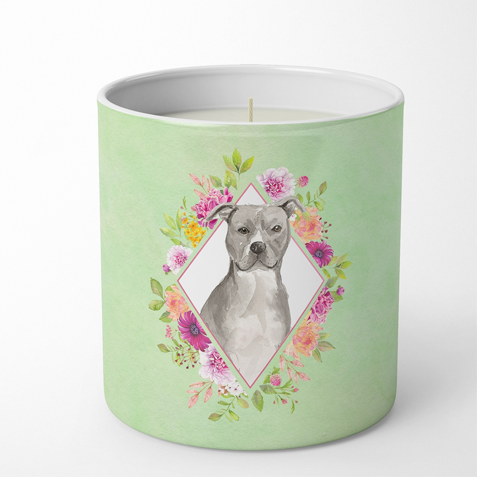 Blue Pit Bull Terrier Green Flowers 10 oz Decorative Soy Candle CK4429CDL