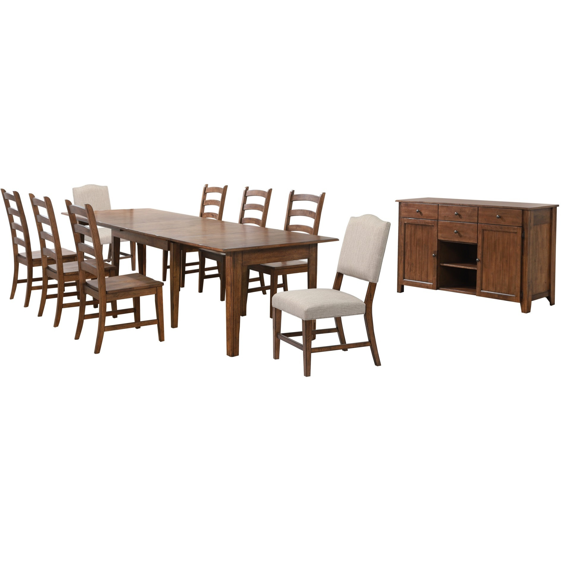 Sunset Trading Simply Brook 10 Piece 134" Rectangular Extendable Dining Set | 4 Size Table | Upholstered Chair | Sideboard Buffet | Amish Brown | Seats 12