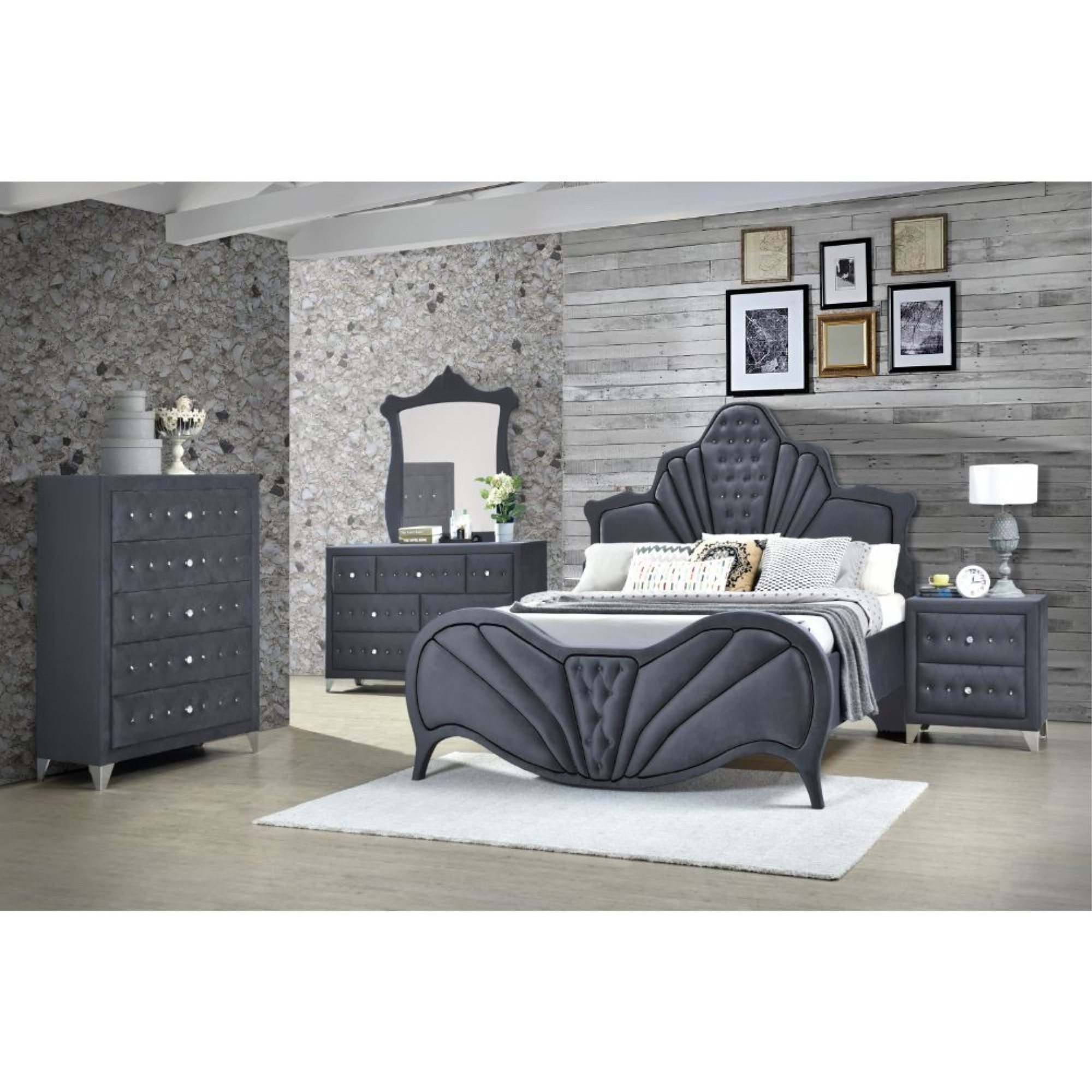 Queen Bed, Gray Velvet