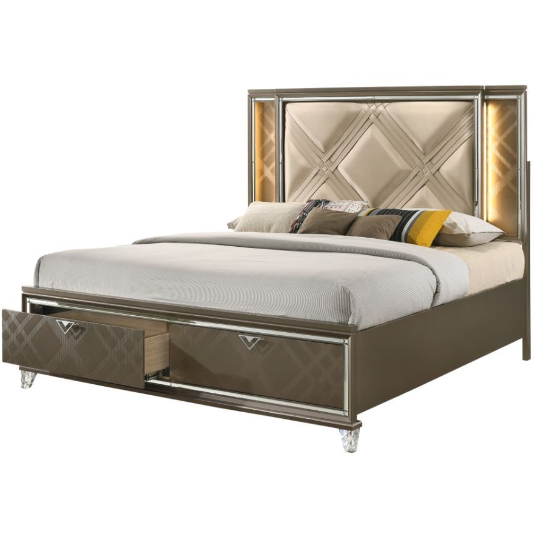Queen Bed w/Storage, LED, PU & Dark Champagne